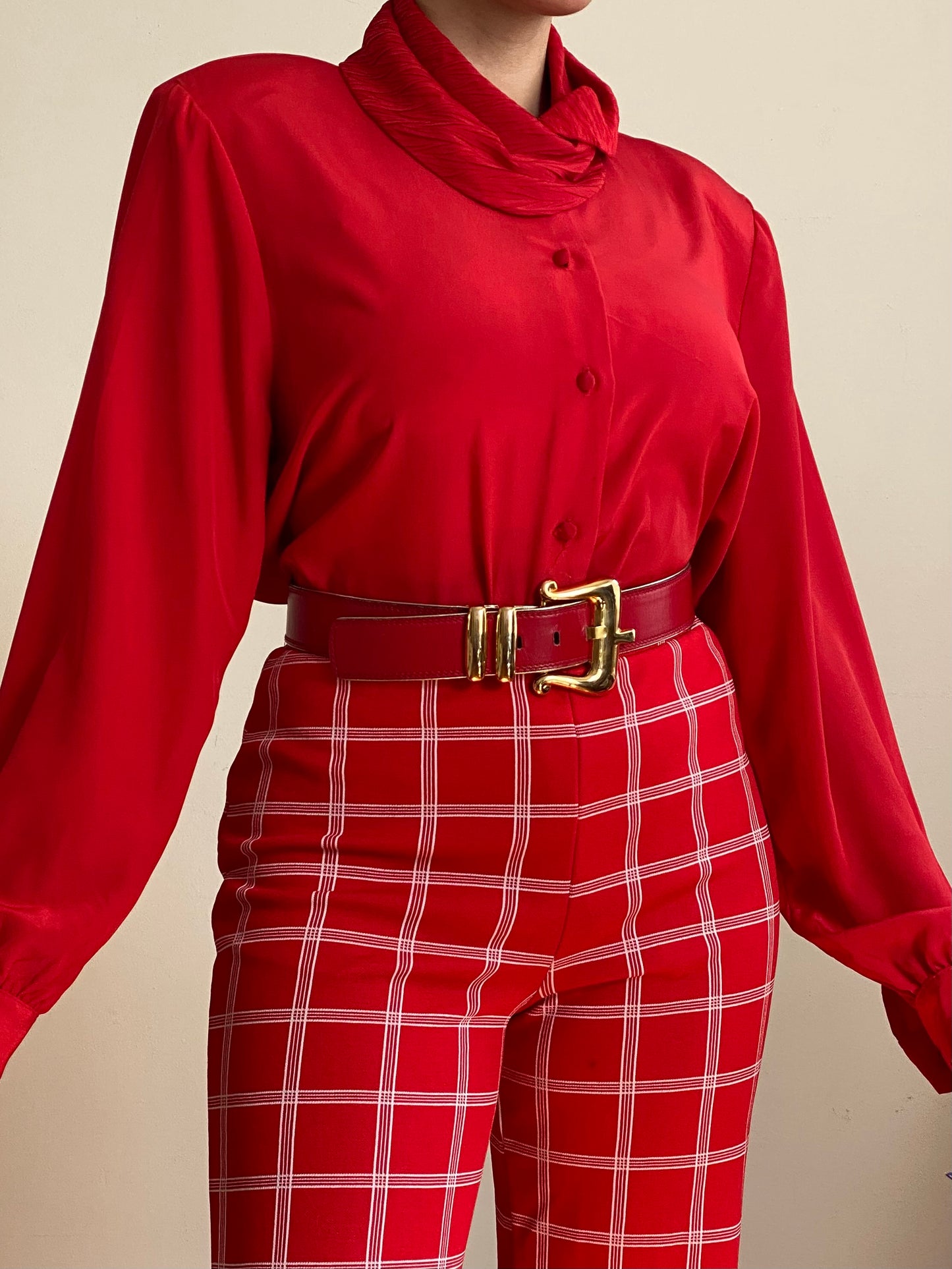 80's Crepe Shawl Neck Button Down Blouse (M-L)