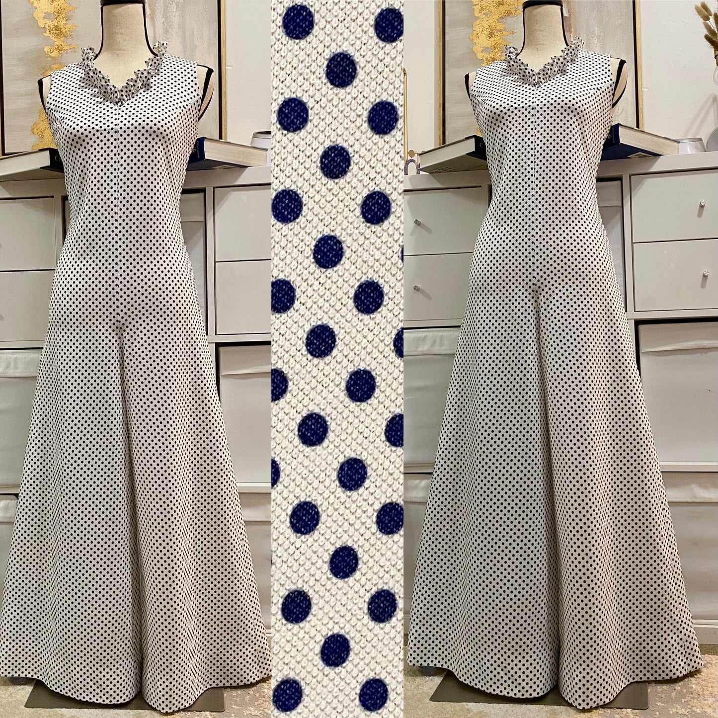 70's Blue Polka Dot Insane Bell Bottom Ruffle Jumpsuit (M-L)
