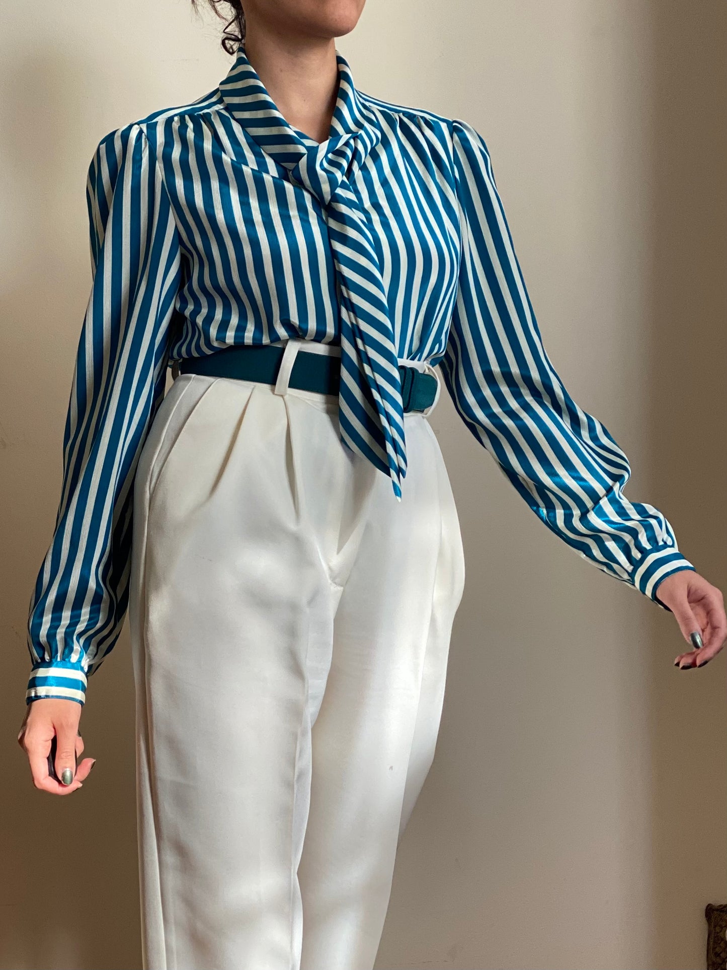 70's Striped Tie Collar Long Sleeve Blouse (M)