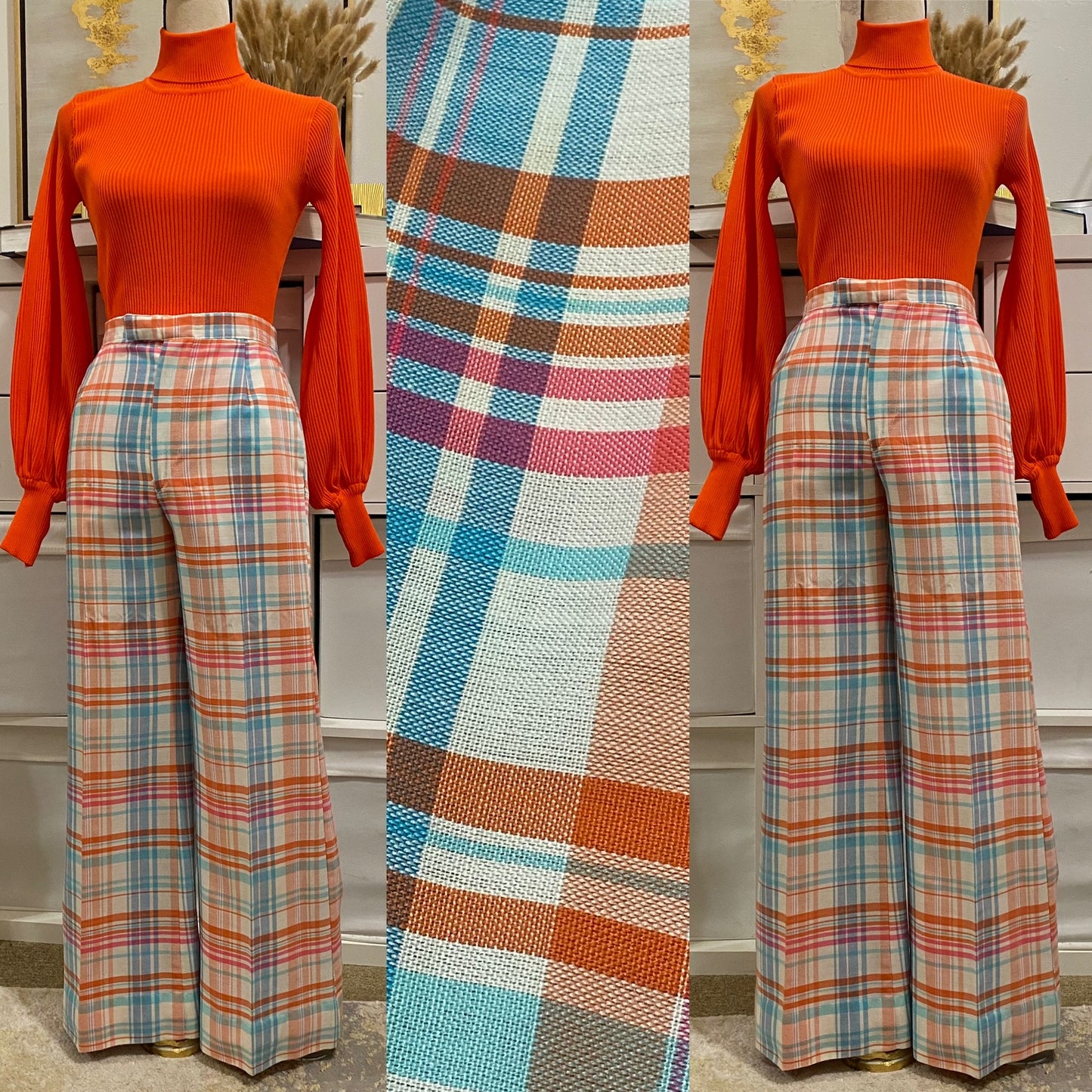 70’s High Rise Wide Leg Blue & Orange Plaid Pants (M-28”W)