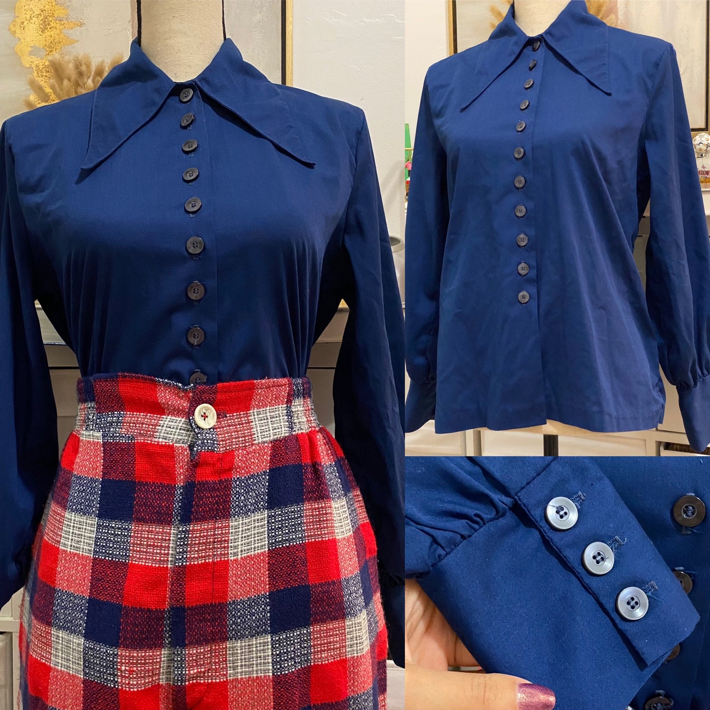 60s 70s Dramatic Dagger Collar Bishop Sleeve Blouse (S-M 40"Bust)