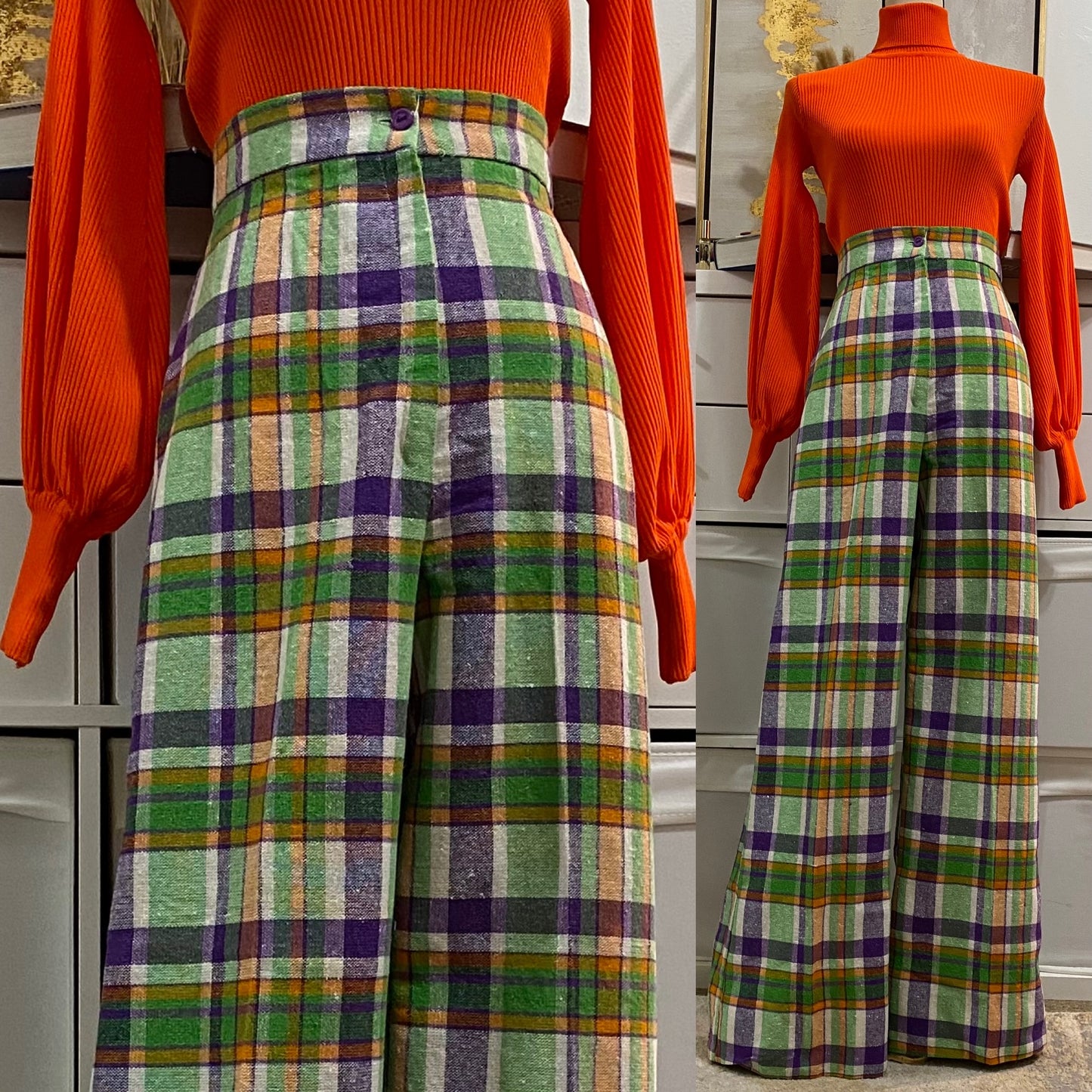 70's High Rise, Wide Leg, Bright Plaid Pants (M-L, 29"W)