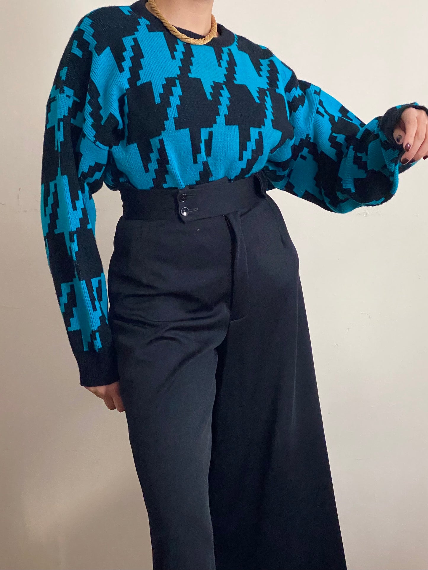 80's Geometric Long Sleeve Knit Sweater (M)