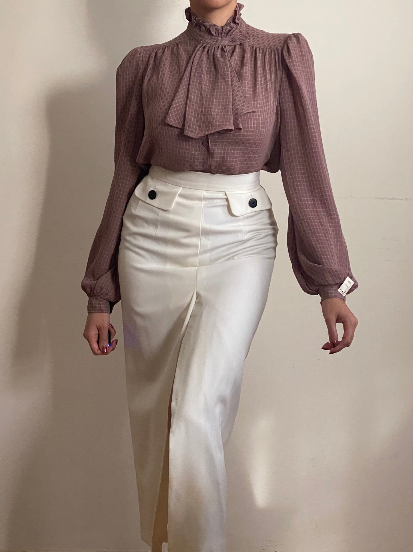 80's NWT Ascot/Jabot Bow Long Sleeve Blouse (L)