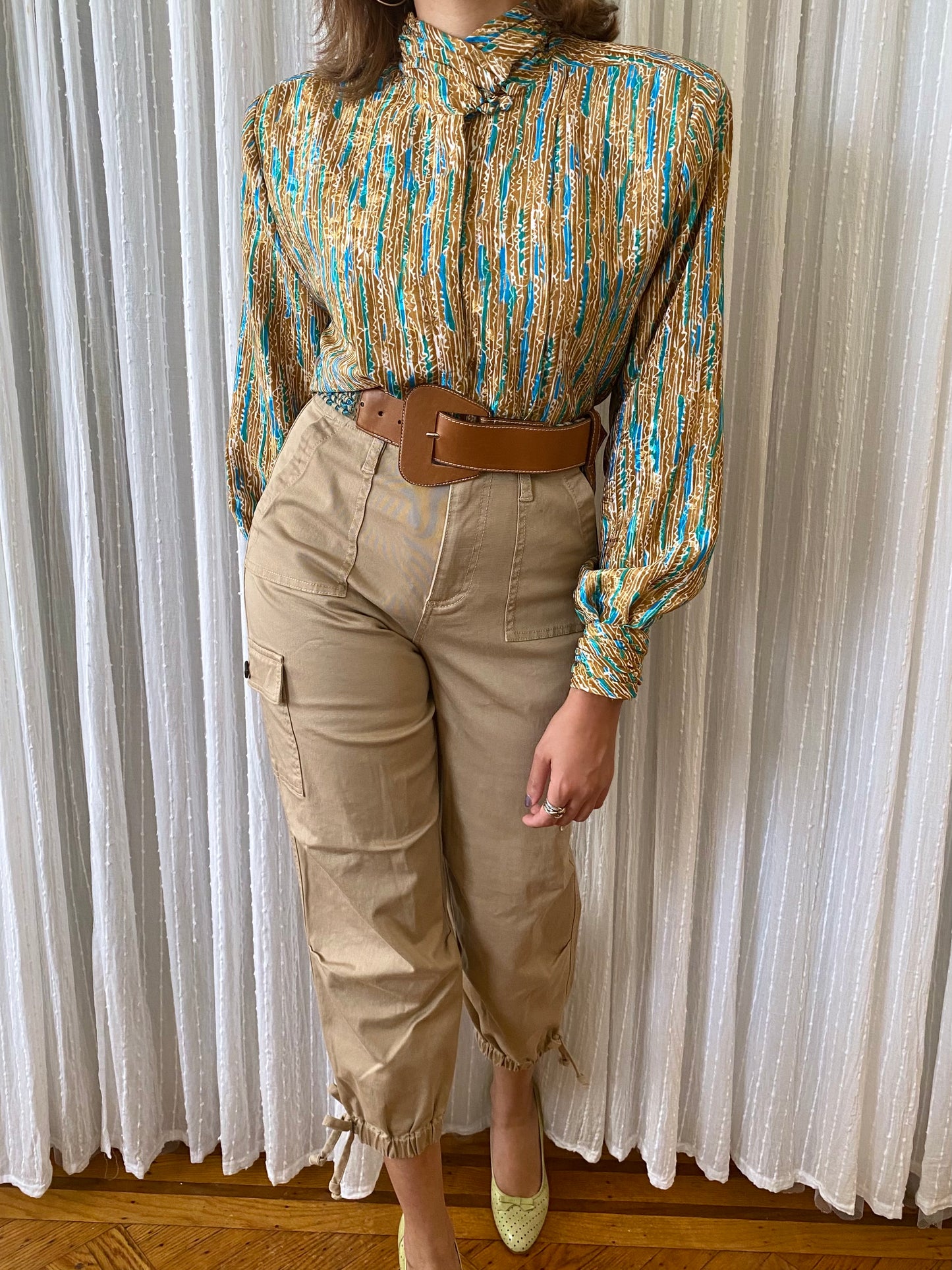 Abstract Long Sleeve Top with high mock neck