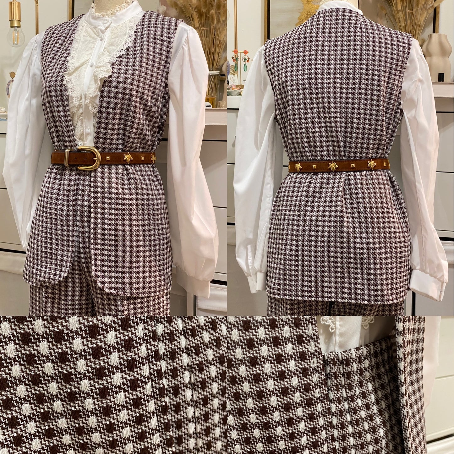60's-70's Abstract Dot Brown 2pc Vest Pantsuit (S-M)