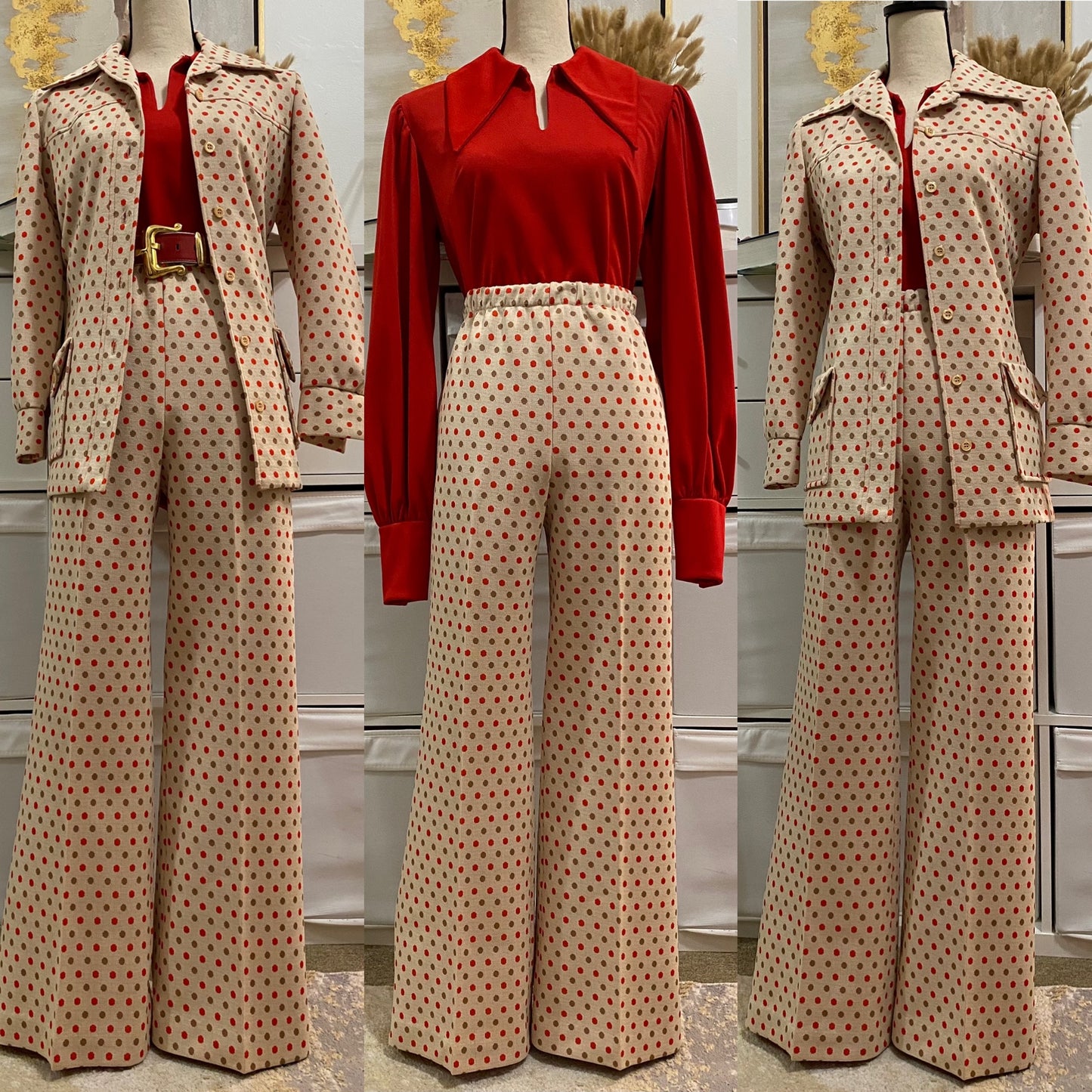 70s 2pc polka dot wide leg bell bottom pantsuit (L-XL)