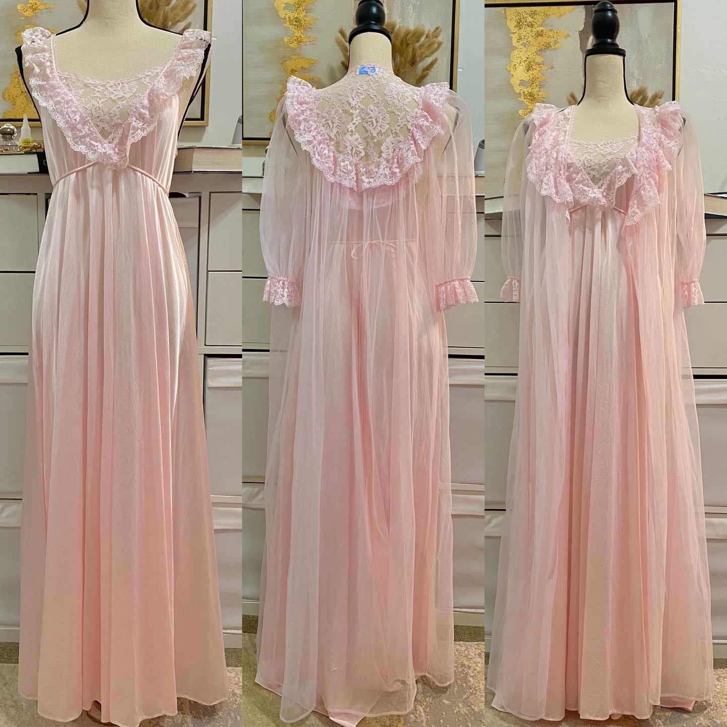 80’s Blush Pink Satin & Lace Peignoir 2-Piece Set (S-M)