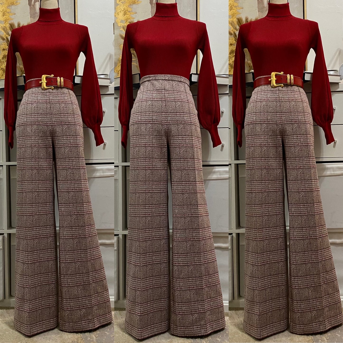70's 2Pc Plaid, Wide Leg Leisure, Pantsuit (L, 33"-36"W)