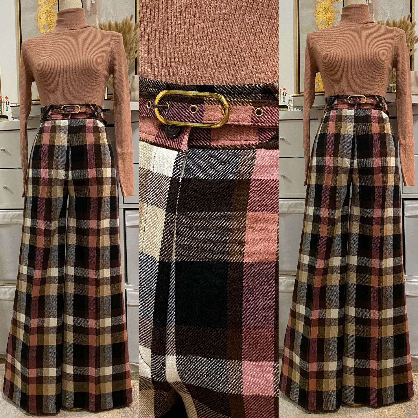 70's Plaid High Rise Wide Leg Flare Pants (M-L)
