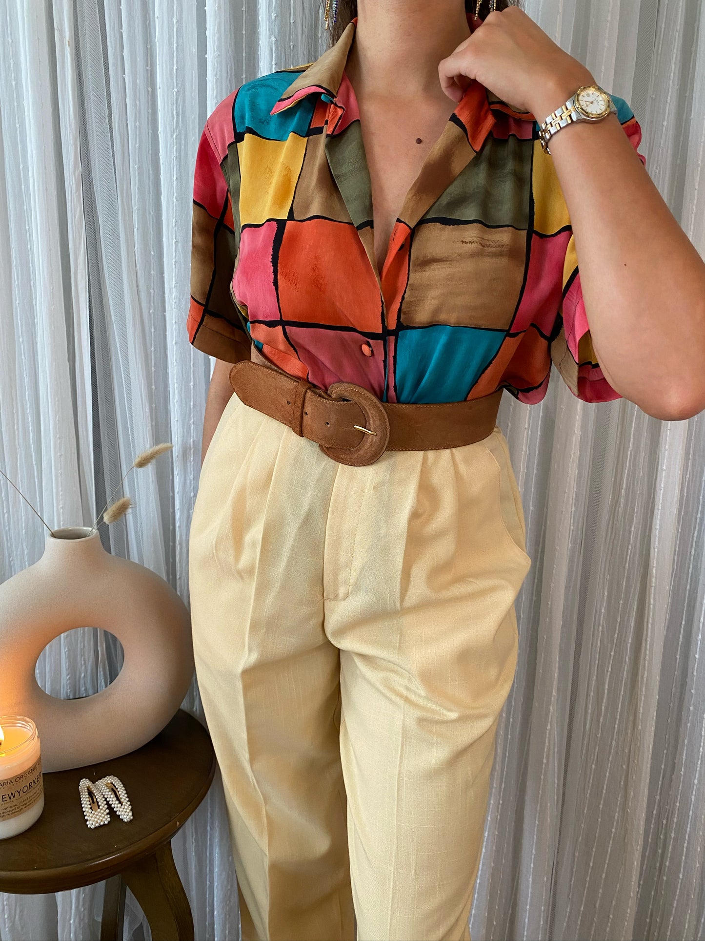 Colorful Block Short Sleeve Blouse
