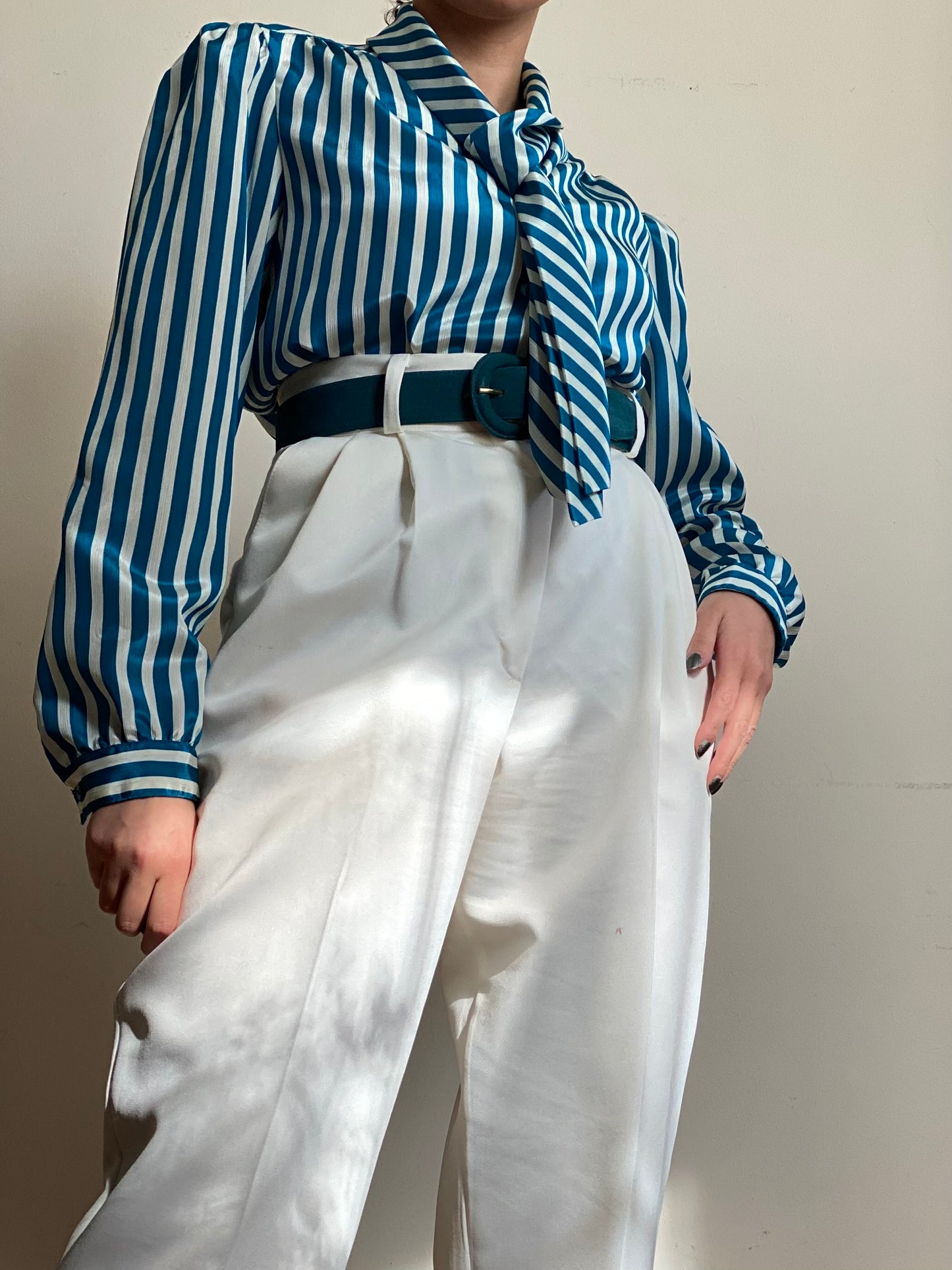70's Striped Tie Collar Long Sleeve Blouse (M)
