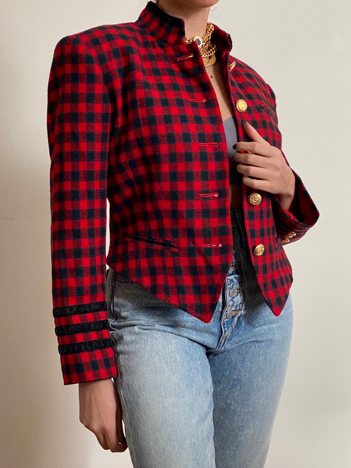 90's Buffalo Plaid Military Style Wool Blazer Jacket (S)