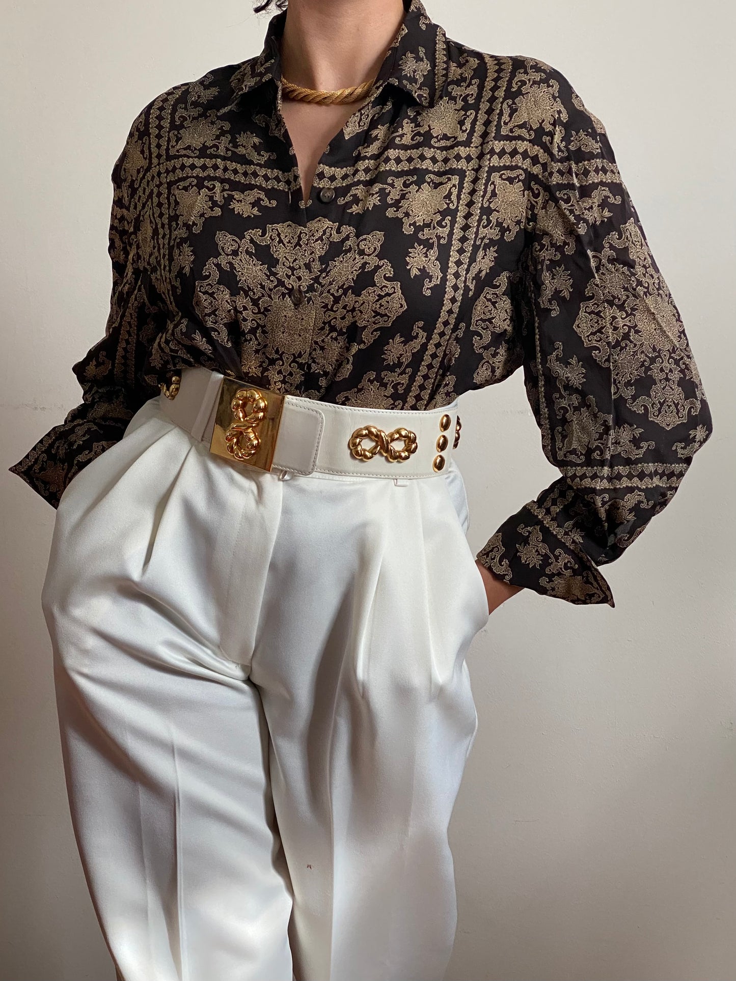 Y2K Silk Brown Abstract Long Sleeve Blouse (M)