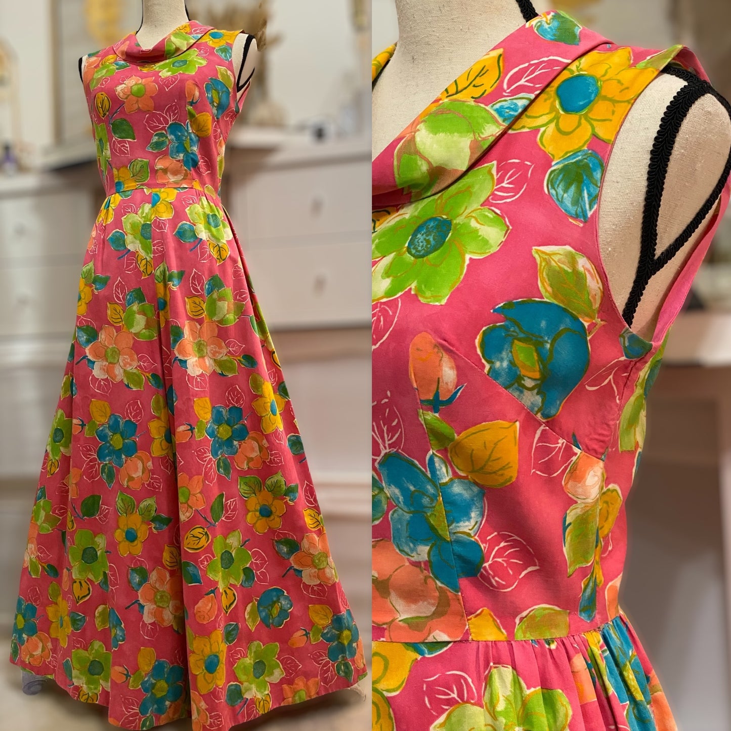 60s-70s Floral Cotton Palazzo Jumpsuit (XS)