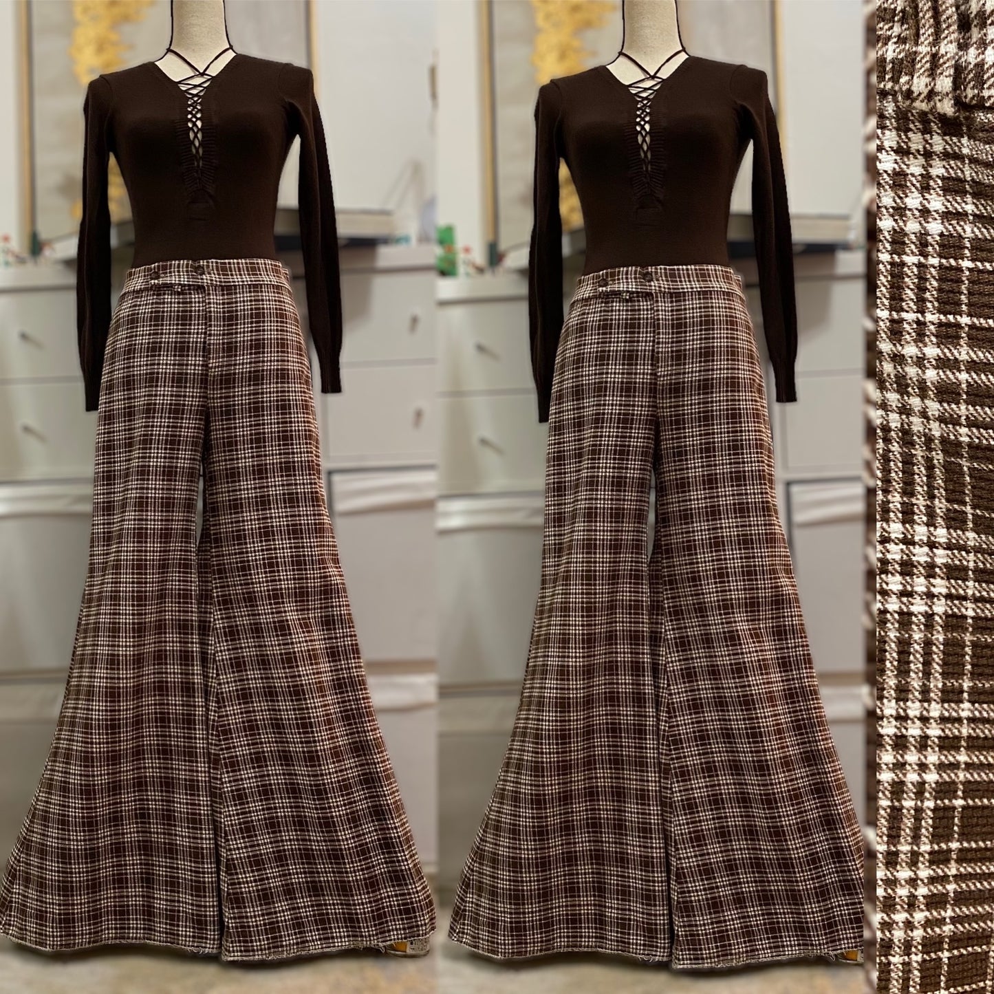 70s Plaid Midrise Bell Bottom Flare Cotton Pants (M, 29"W)