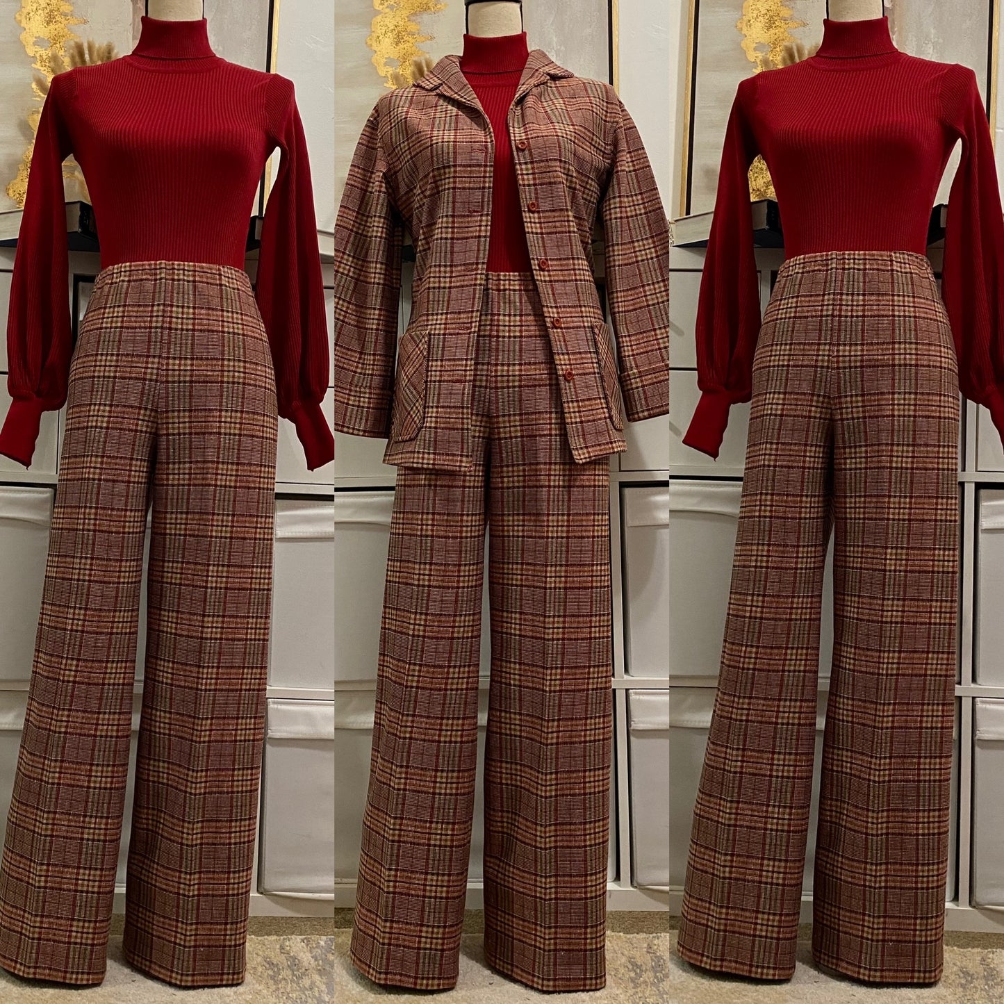 70's Autumnal Plaid 2Pc Pantsuit (L, 32"-36"W)