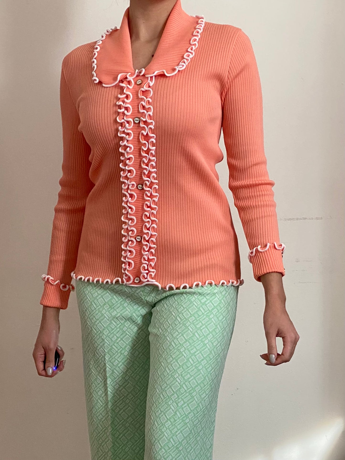 70's NOS Creamsicle Ruffle Trim Long Sleeve Top (XS-S)