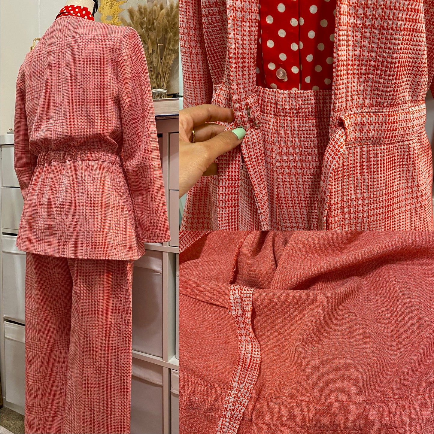 70’s Red Houndstooth 2-Piece Pantsuit - Jacket & Bell Bottoms (S-L)