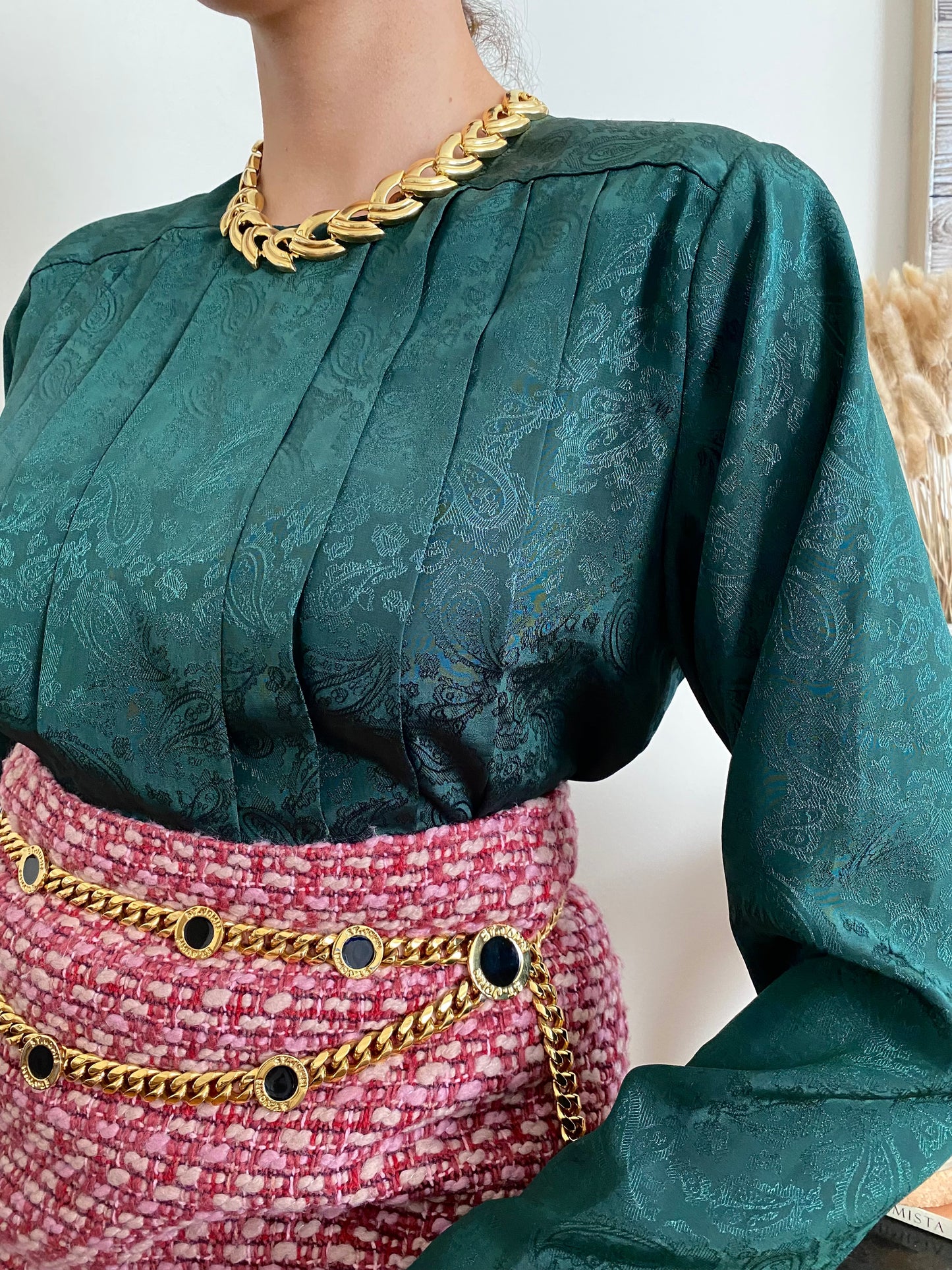 Paisley Pleated Long Sleeve Blouse;