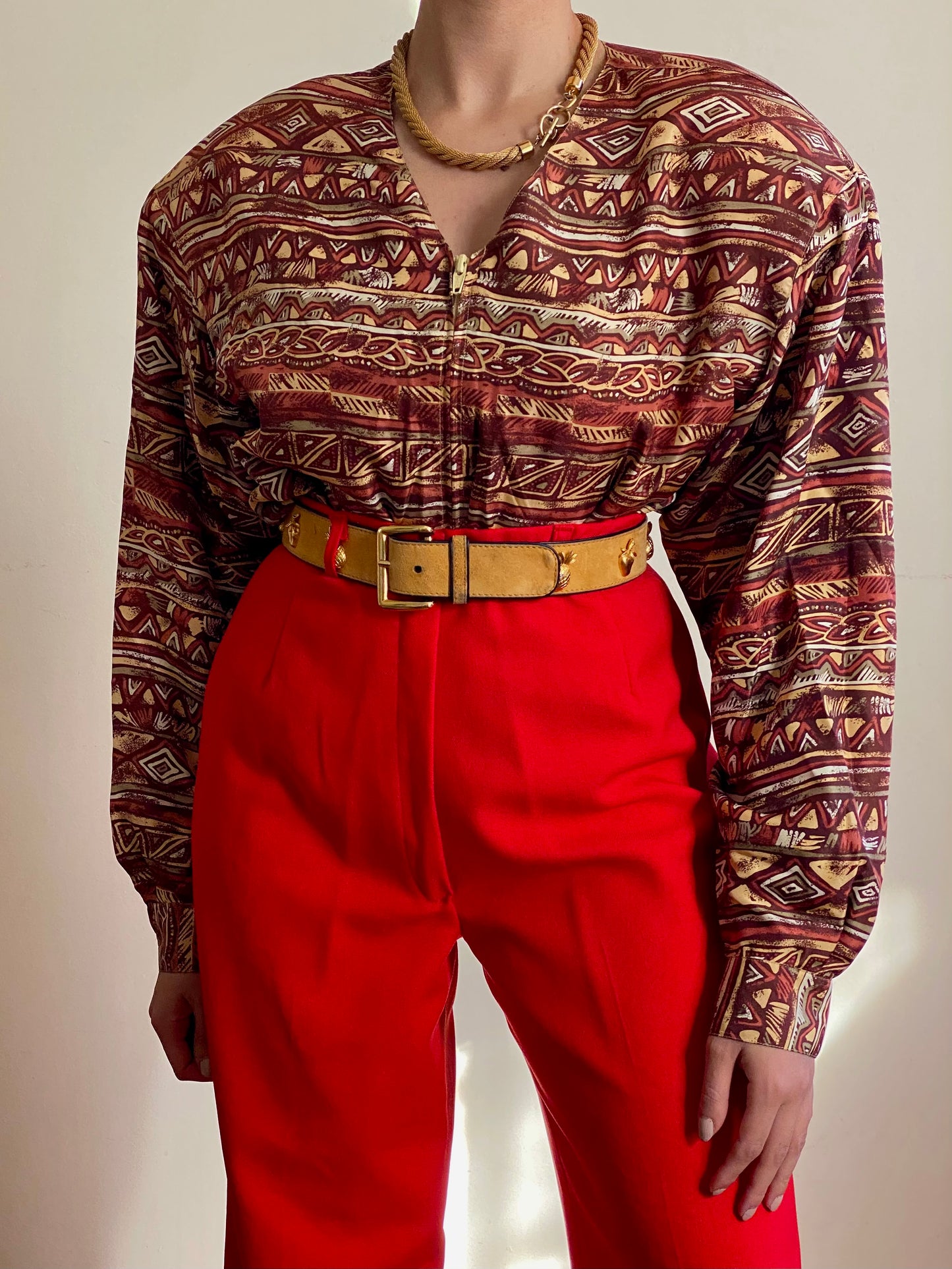 90's Abstract Tribal Pattern Bomber Silk Jacket