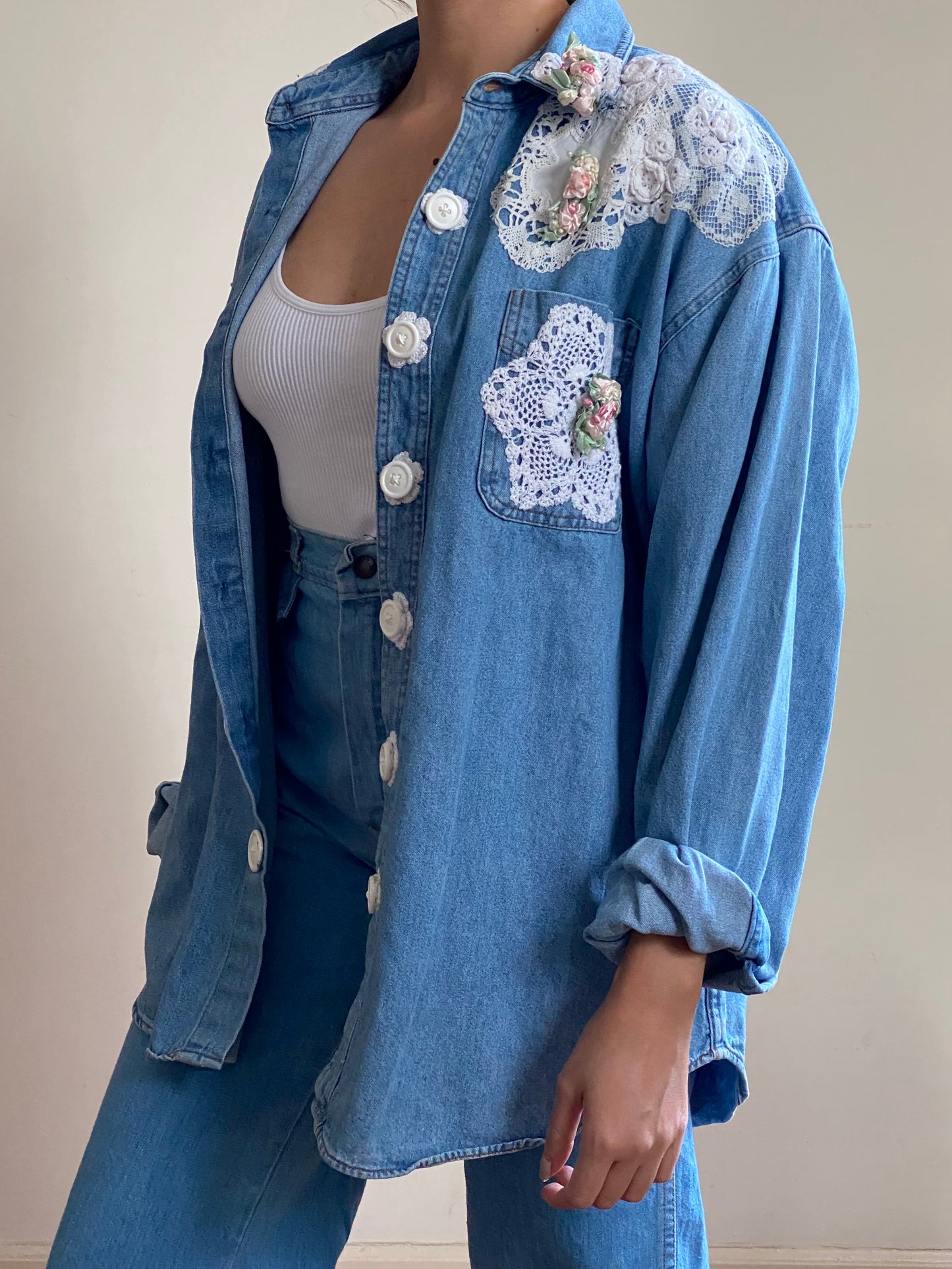 80's Lace & Crotchet Denim Jacket (L)