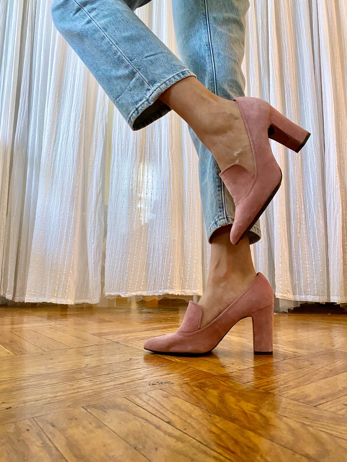 Pink Suede Block Pumps