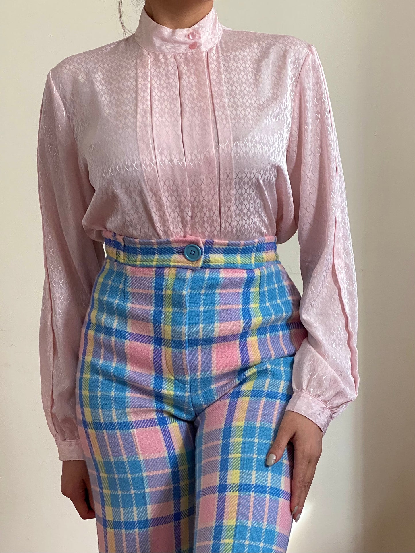 80's Pleated Front High Mock Neck Blouse (S)