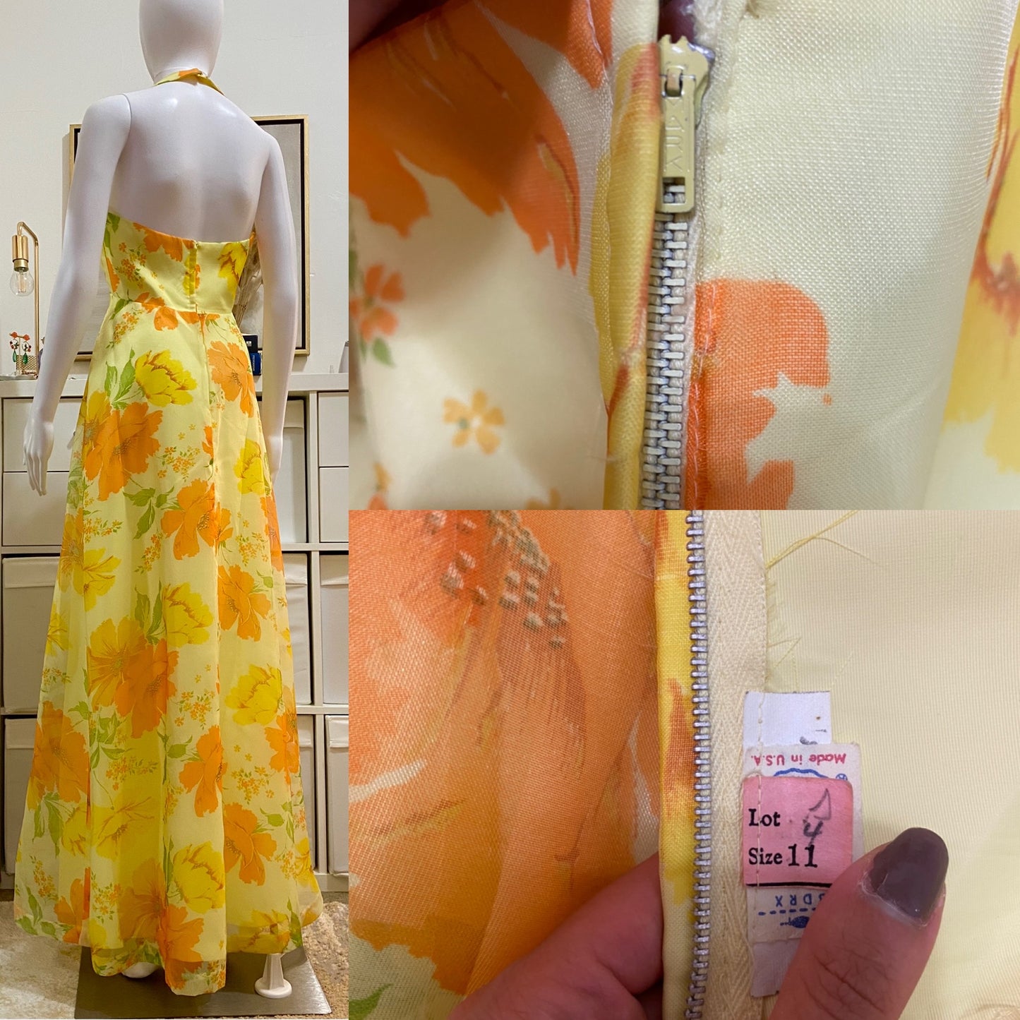 60s 70s Floral Halter Top Style Maxi Dress ILGWU (S-M)