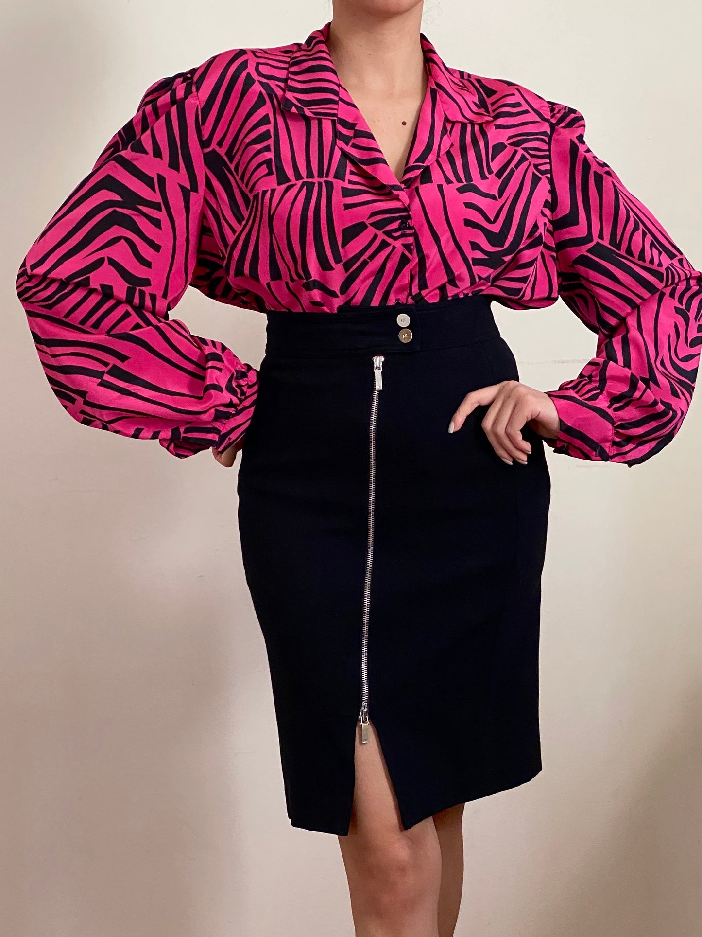80's Fuchsia Tiger Print Oversized Blouse (XL)