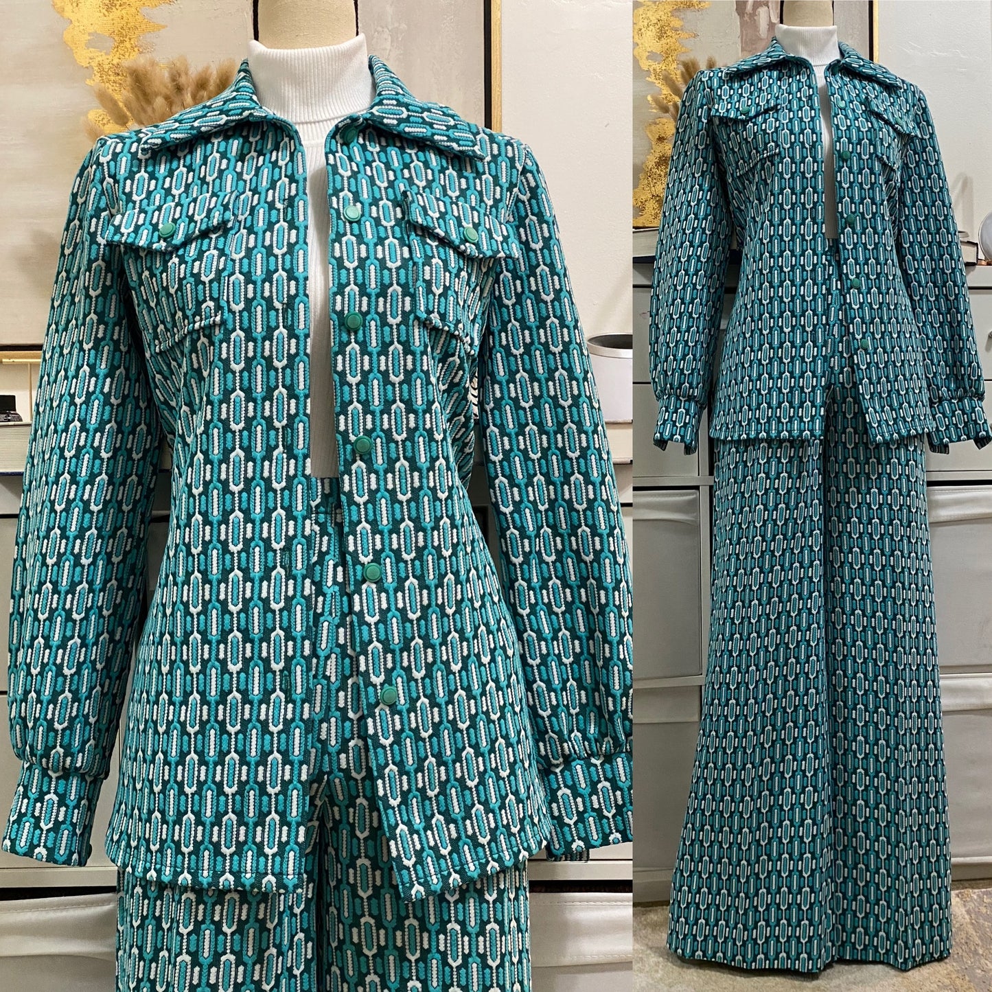 70's 3Pc Abstract/Geometric Wide Leg Pantsuit (S-M, 26"-32"W)
