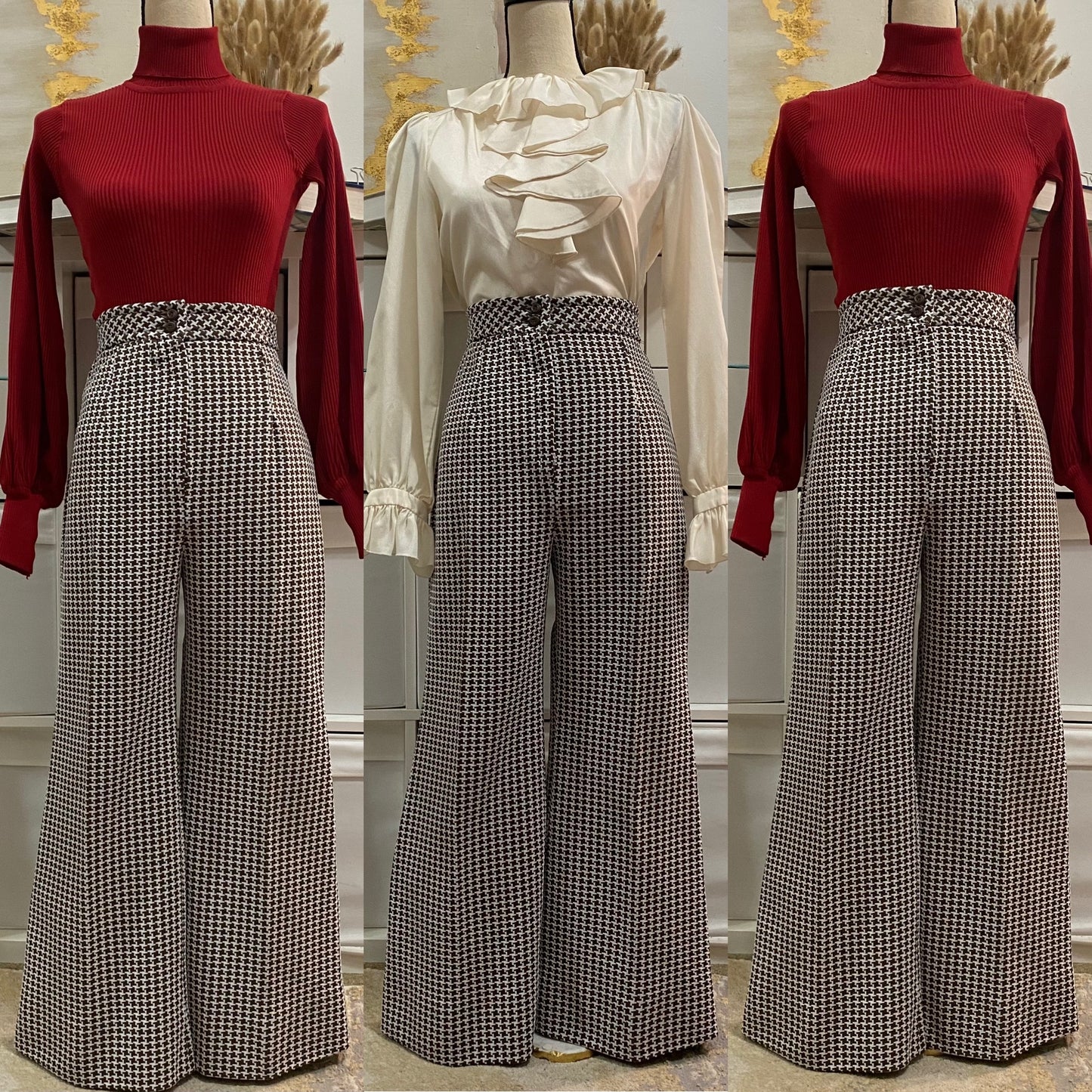 60's-70's Houndstooth 2PC High Rise Bell Bottom Pantsuit Petite (XXS-XS)