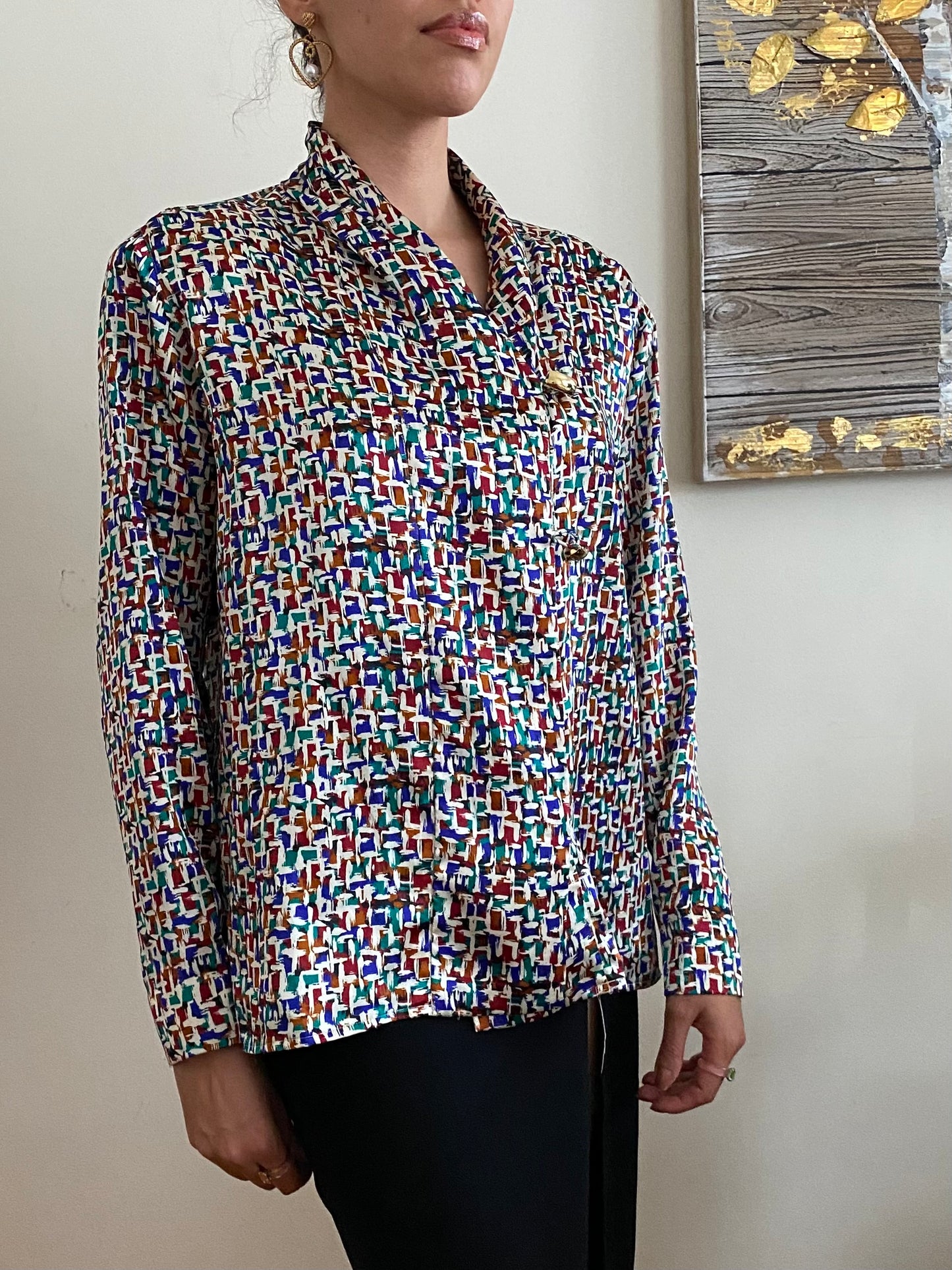 Satin Shawl Collar Long Sleeve Blouse with Multi-Color Abstract Pattern