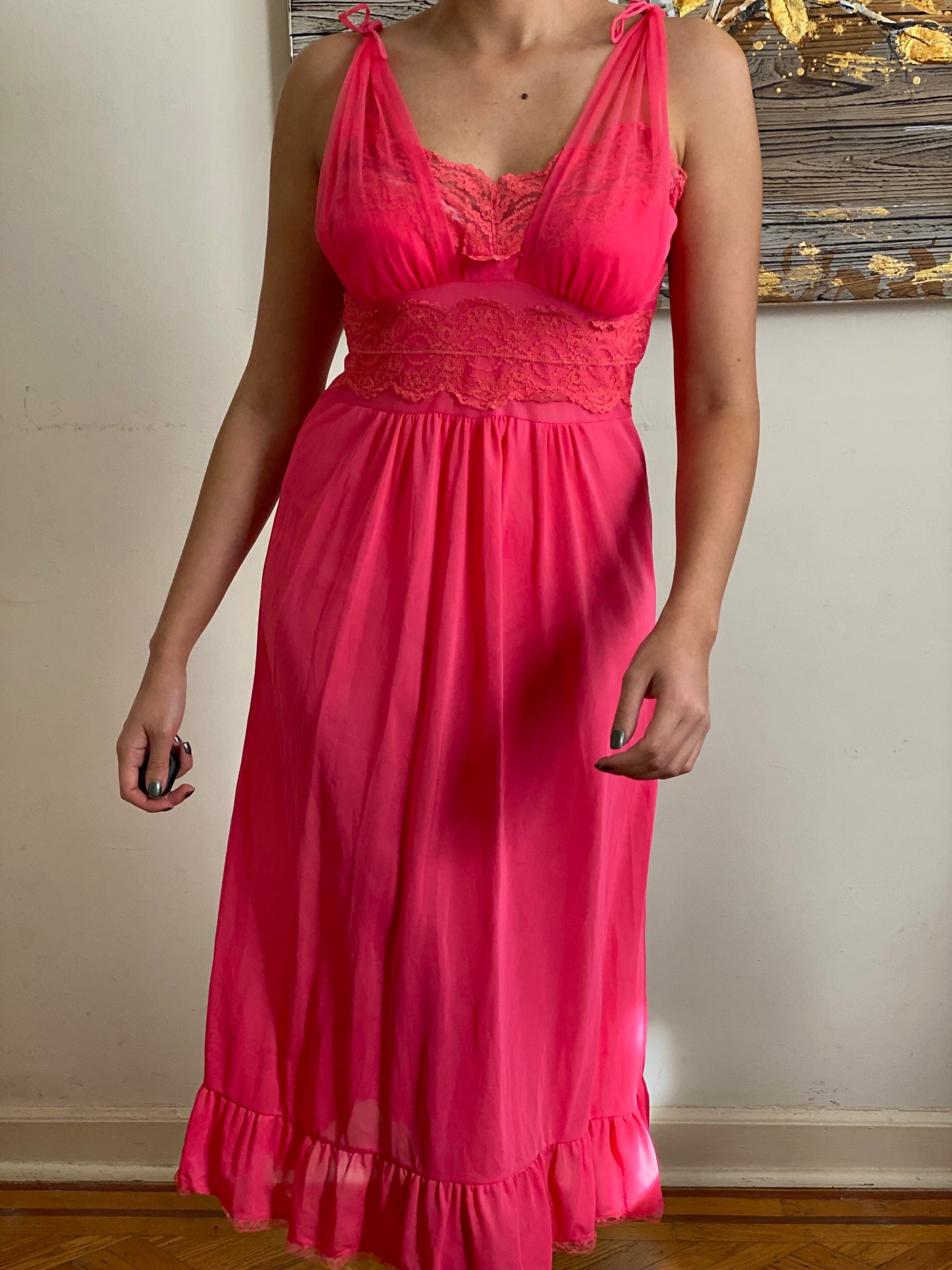 60's Pink Lace Full Slip Dress (S-34)