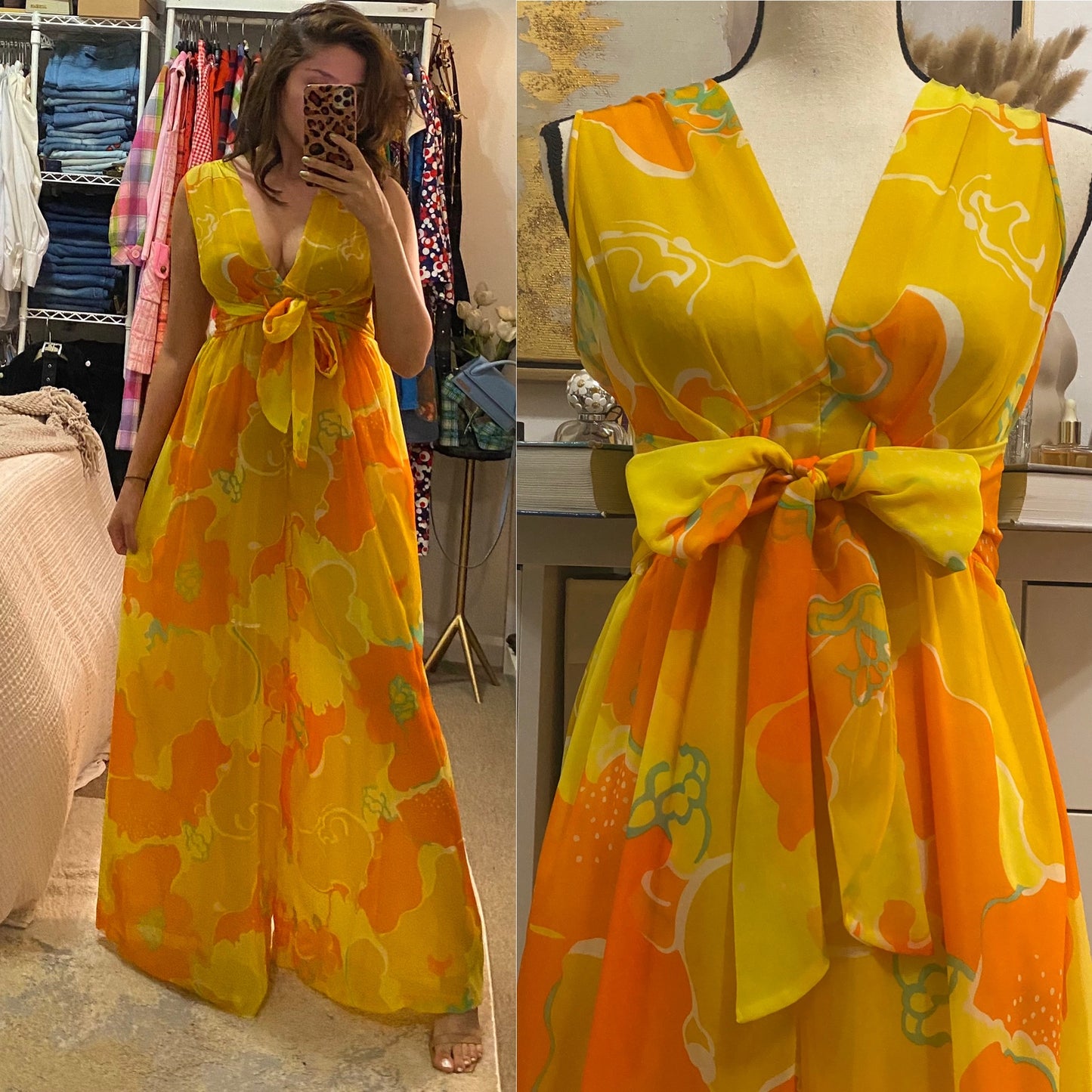 60's-70's Sheer V-Neck Palazzo Jumpsuit (S-M)