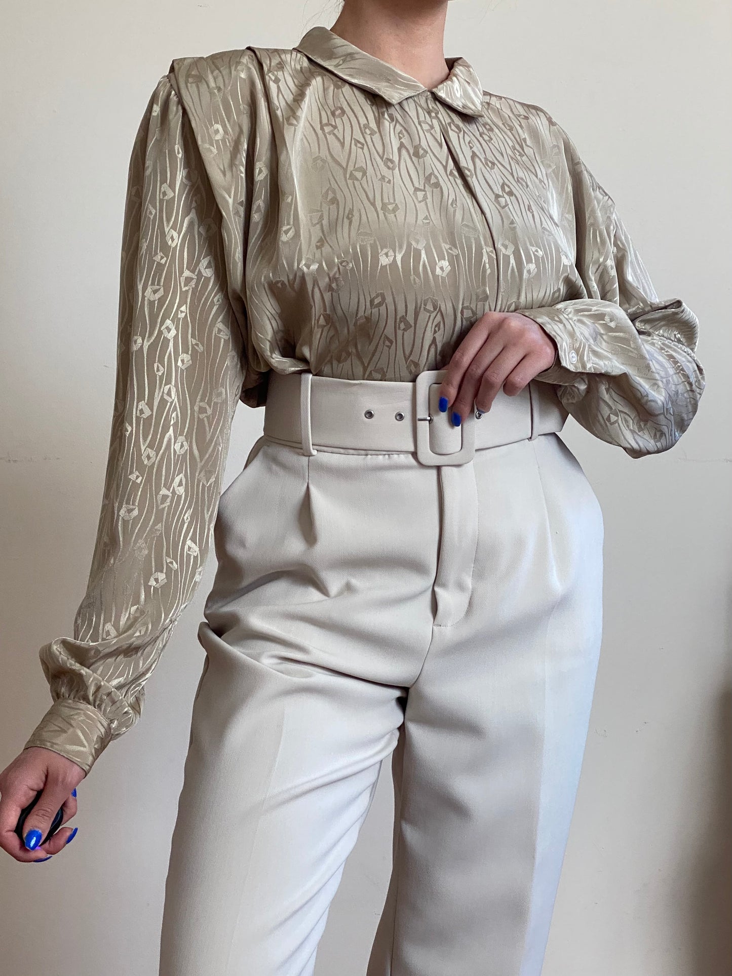 80's Golden Olive Peter Pan Collar Pleated Blouse (M-XL)
