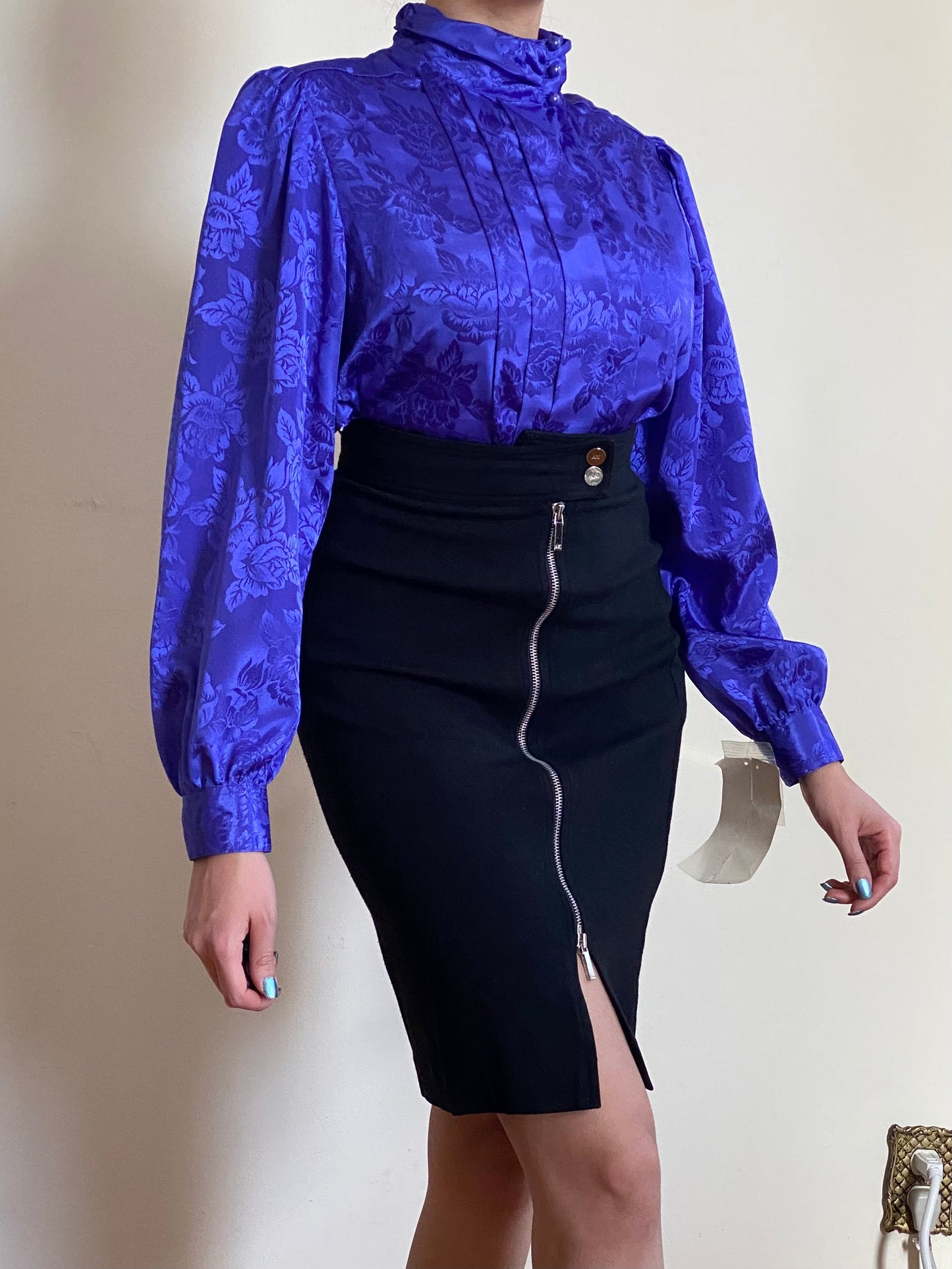 80's NOS HIGH MOCK NECK BUTTON UP FLORAL BLOUSE (S)