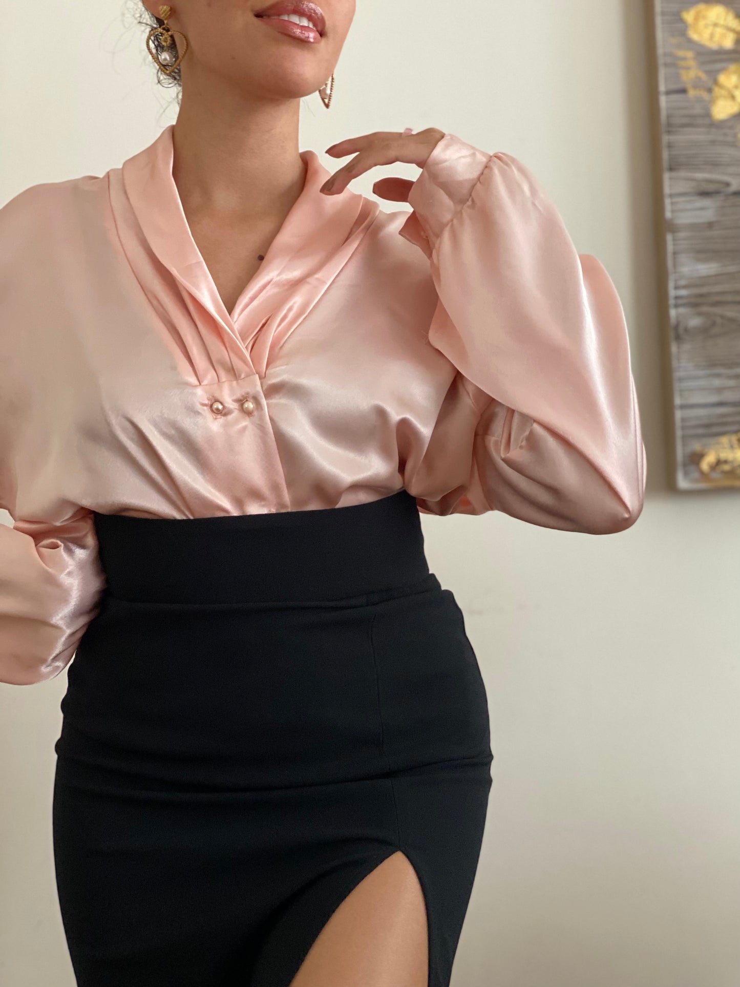 Liquid Satin Shawl Collar with Pearl Buttons Long sleeve blouse