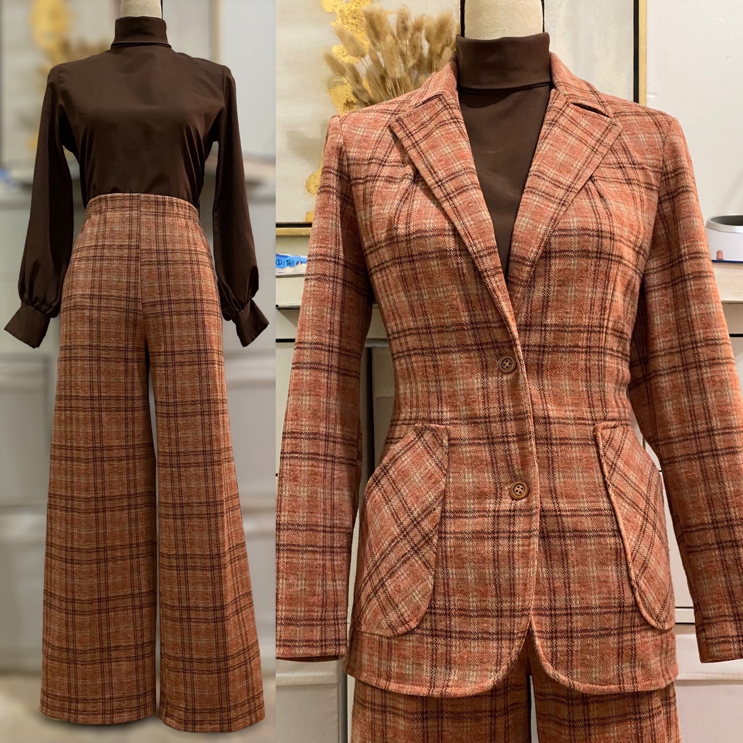 70s Brown Plaid 2PC Wide Leg Pantsuit (M, 30"-32"W)