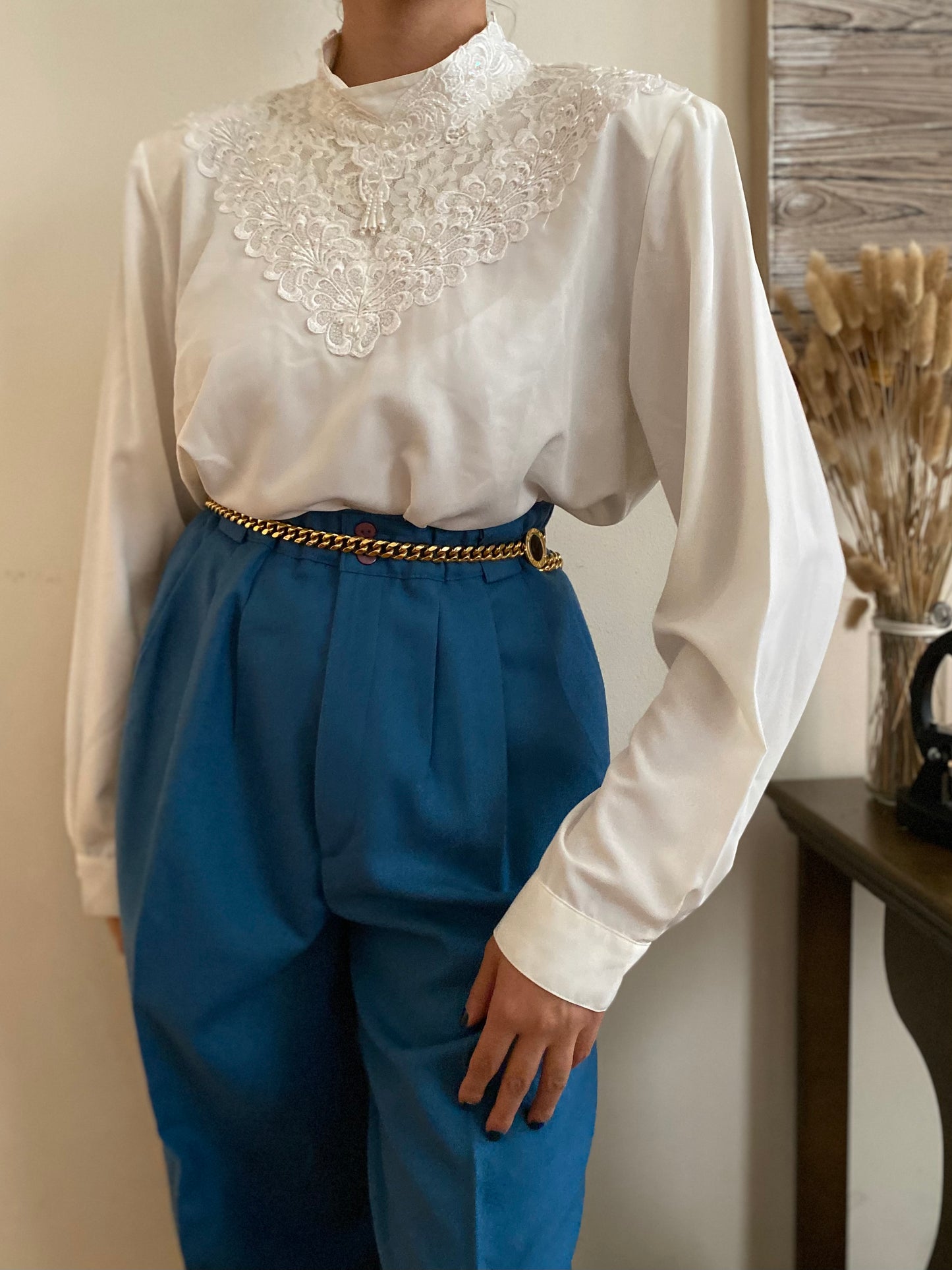 Lace & Pearl Accents Long Sleeve Blouse