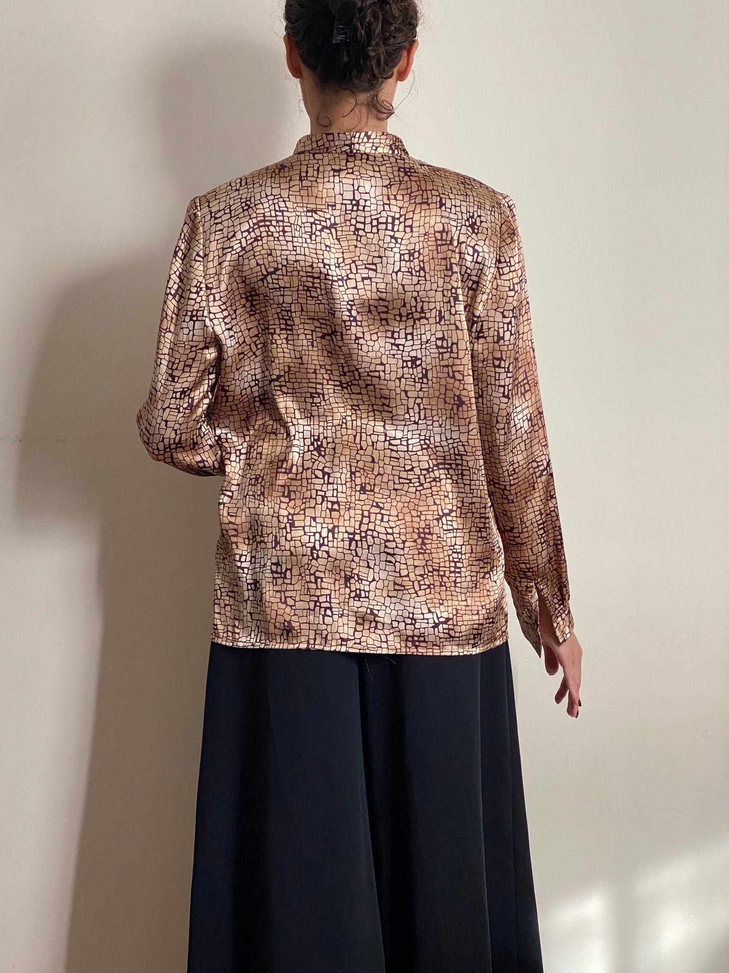 80's Golden Brown Abstract Draped Blouse (M)