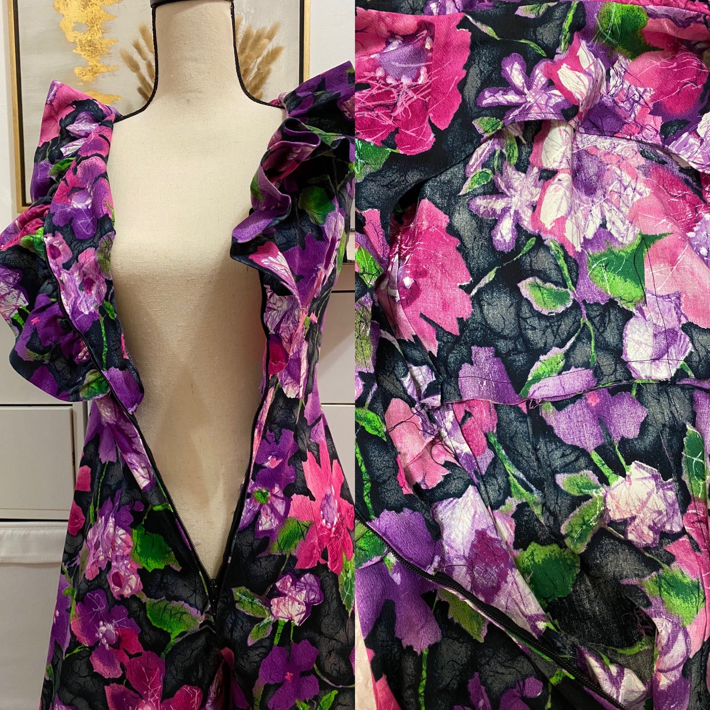 60's-70's Floral Ruffle Bell Bottom Jumpsuit (M)