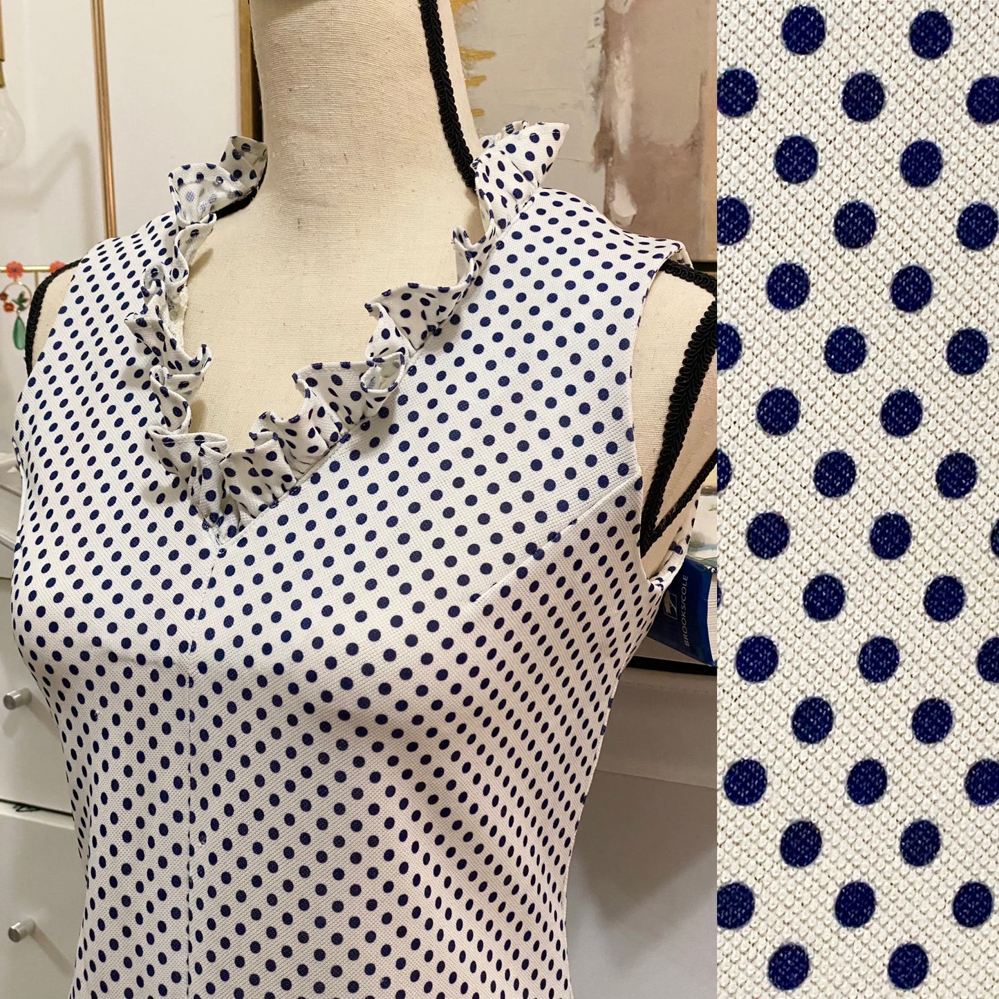 70's Blue Polka Dot Insane Bell Bottom Ruffle Jumpsuit (M-L)