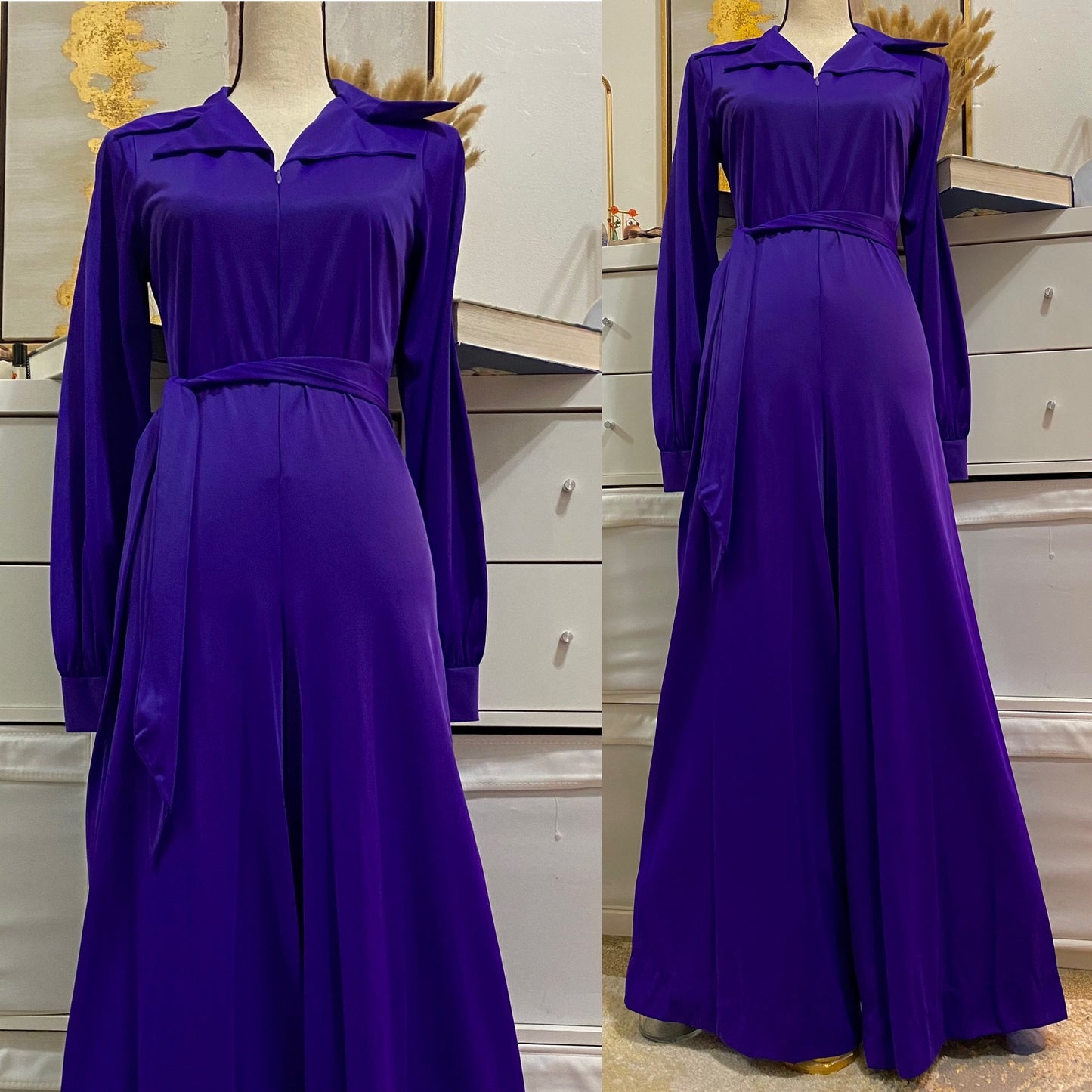70s Purple Disco Wide Leg Bell Bottom Jumpsuit (M)