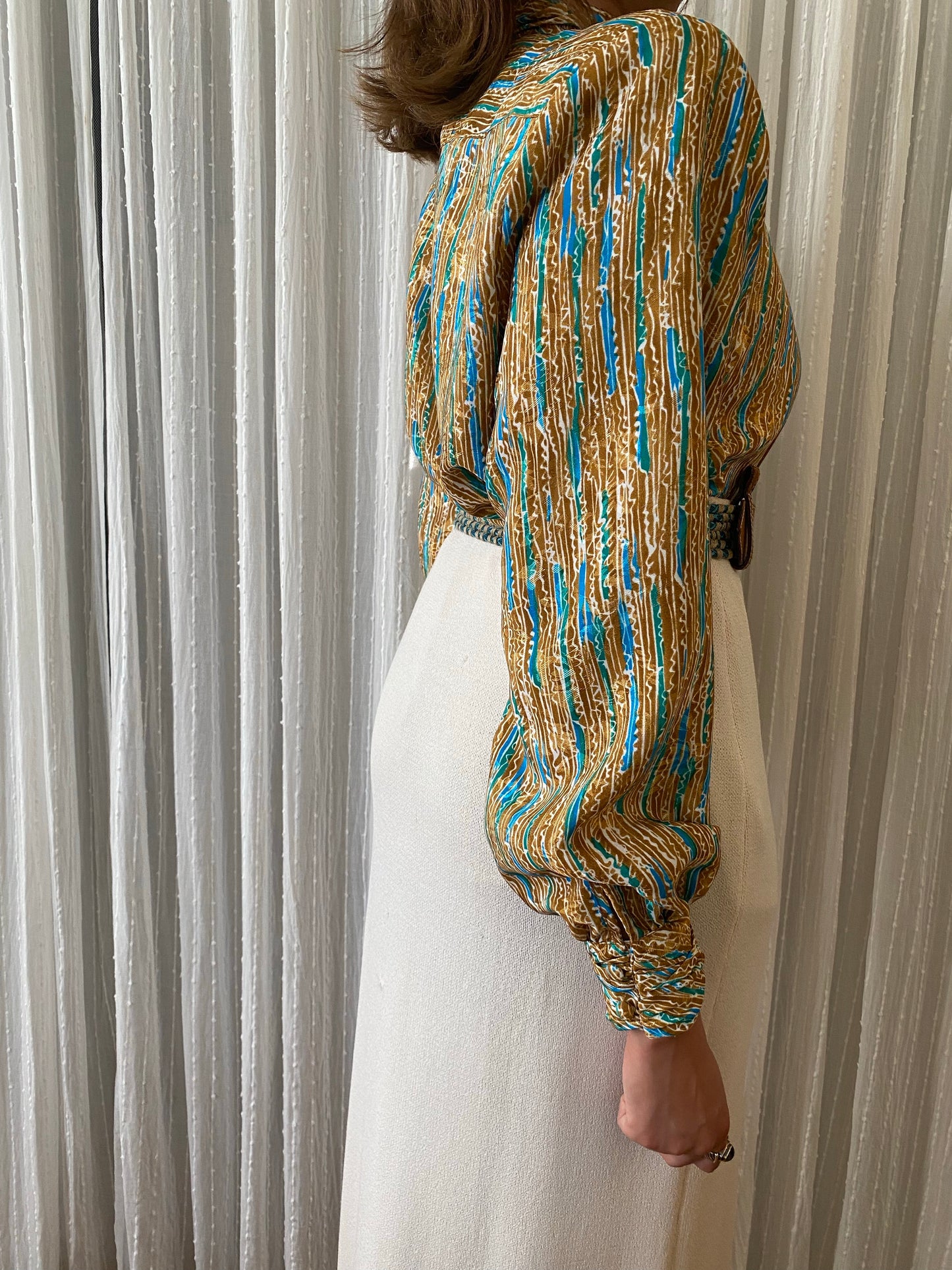 Abstract Long Sleeve Top with high mock neck