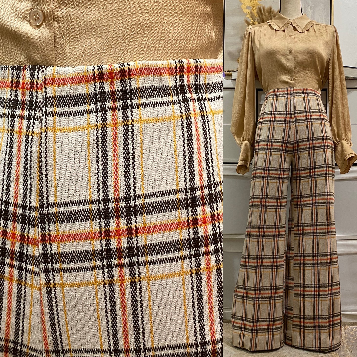 70's Plaid Tan 2Pc Pantsuit (M, 28"-32"W)