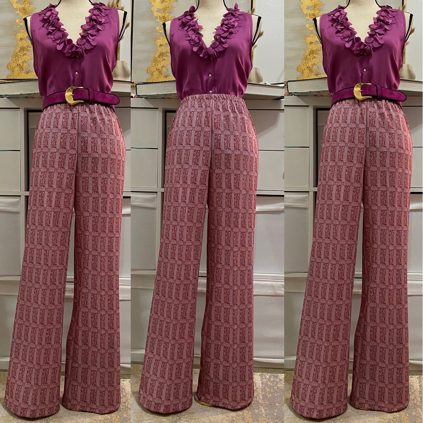 70's Deadstock Purple Mauve Abstract Wide Leg 2Pc Pantsuit (S-M)