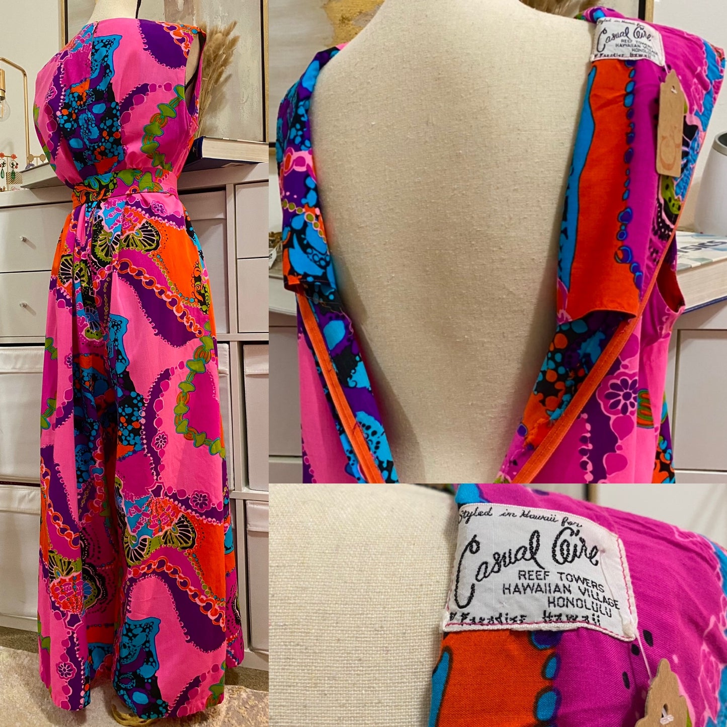 60's Bright Oil Spill Abstract Wide Leg Jumpsuit w/ Waist Belt (L-XL)