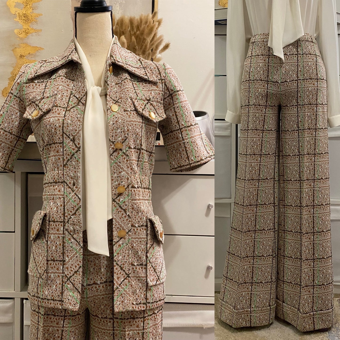 70's Brown Speckled Bell Bottom 2PC Pantsuit (XS-S; 25"-28"W)