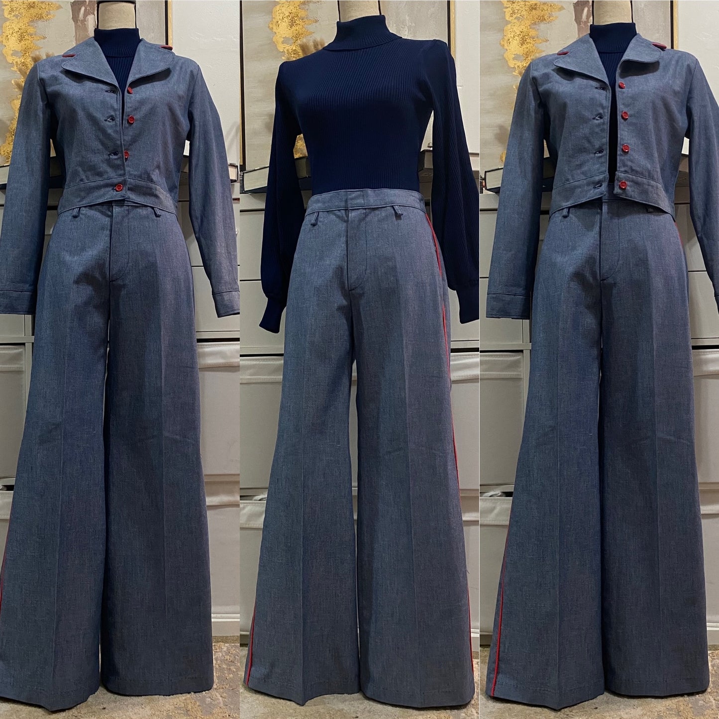 70s 2PC Denim Chambray Wide Leg Pantsuit (M, 30"W) - Cropped Jacket